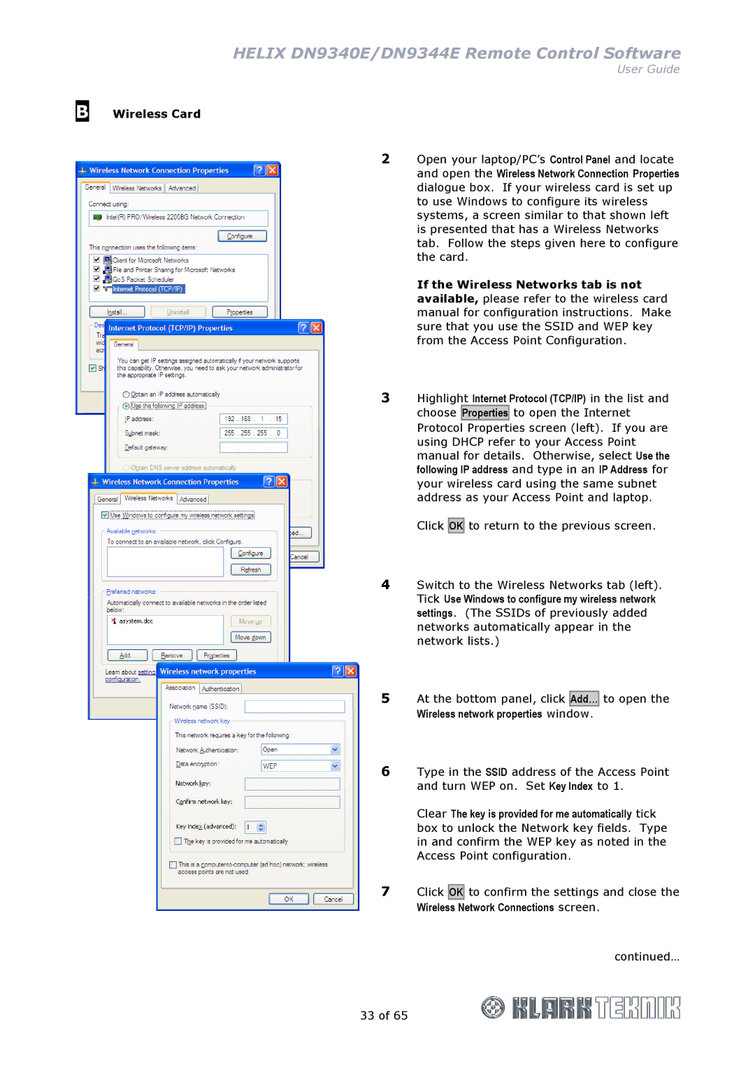 Klark Teknik DN9344E, DN9340E manual Wireless Card, Wireless network properties window, Wireless Network Connections screen 