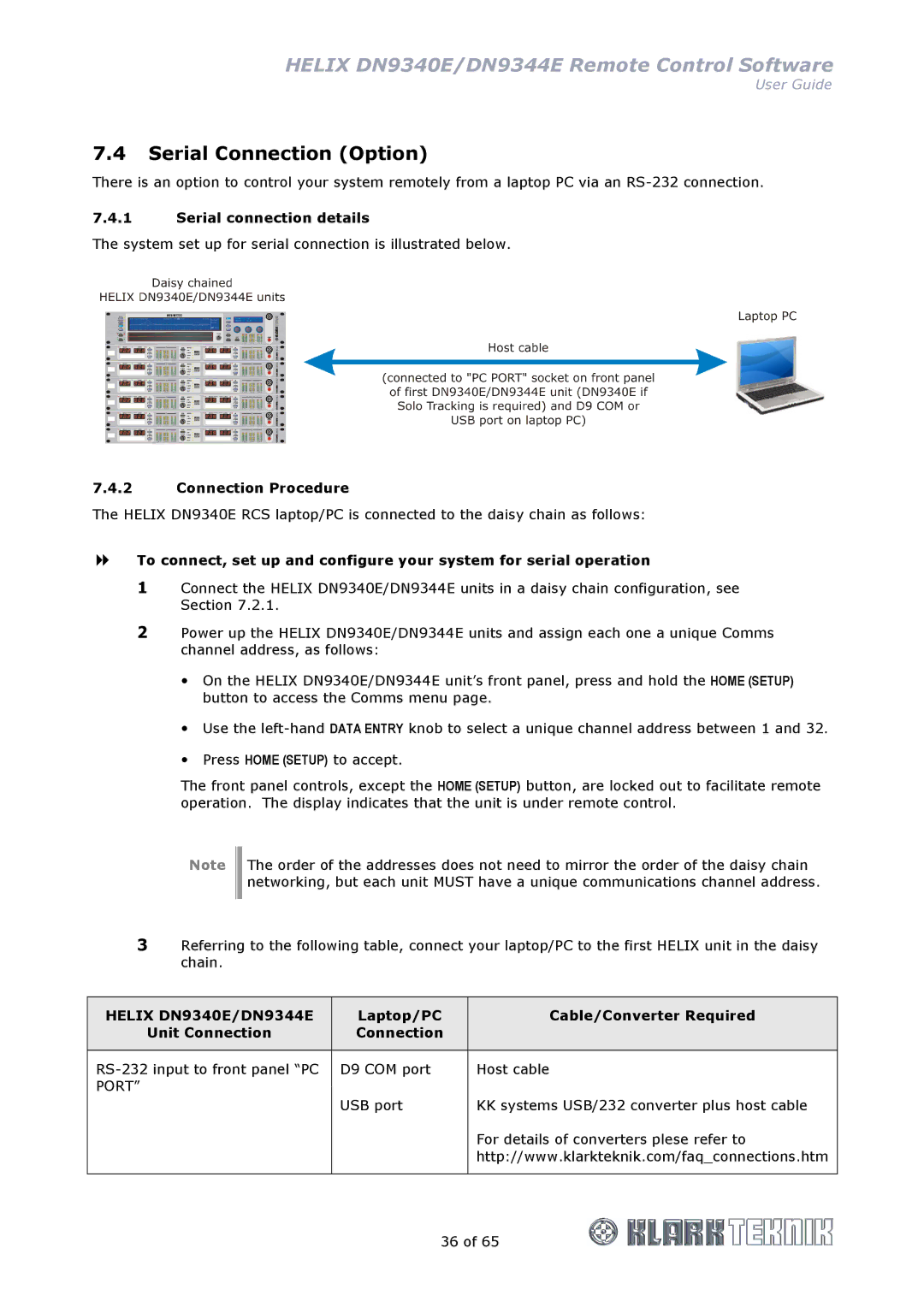 Klark Teknik DN9340E, DN9344E manual Serial Connection Option, Serial connection details, Connection Procedure 