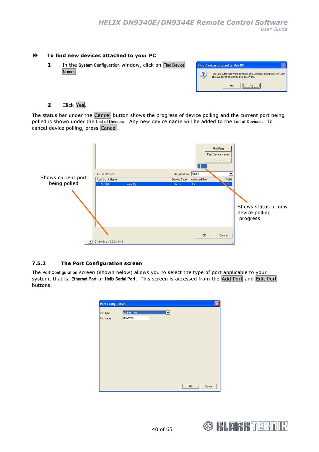 Klark Teknik DN9340E, DN9344E manual To find new devices attached to your PC, Port Configuration screen 