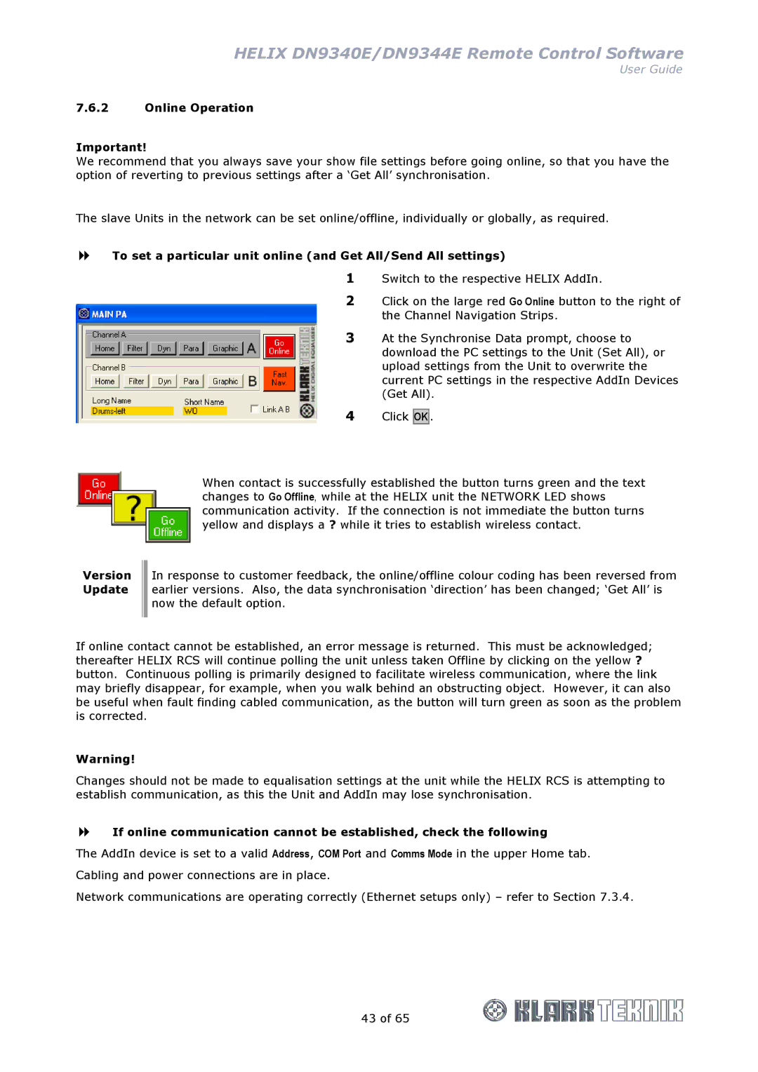 Klark Teknik DN9344E, DN9340E manual Online Operation, Version Update 