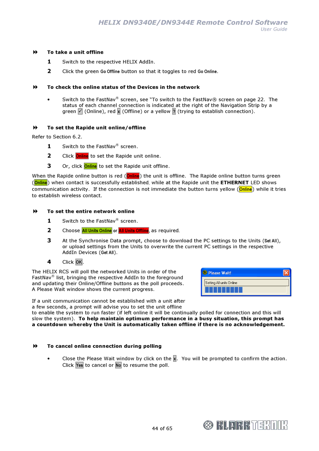 Klark Teknik DN9340E, DN9344E manual To take a unit offline, To check the online status of the Devices in the network 