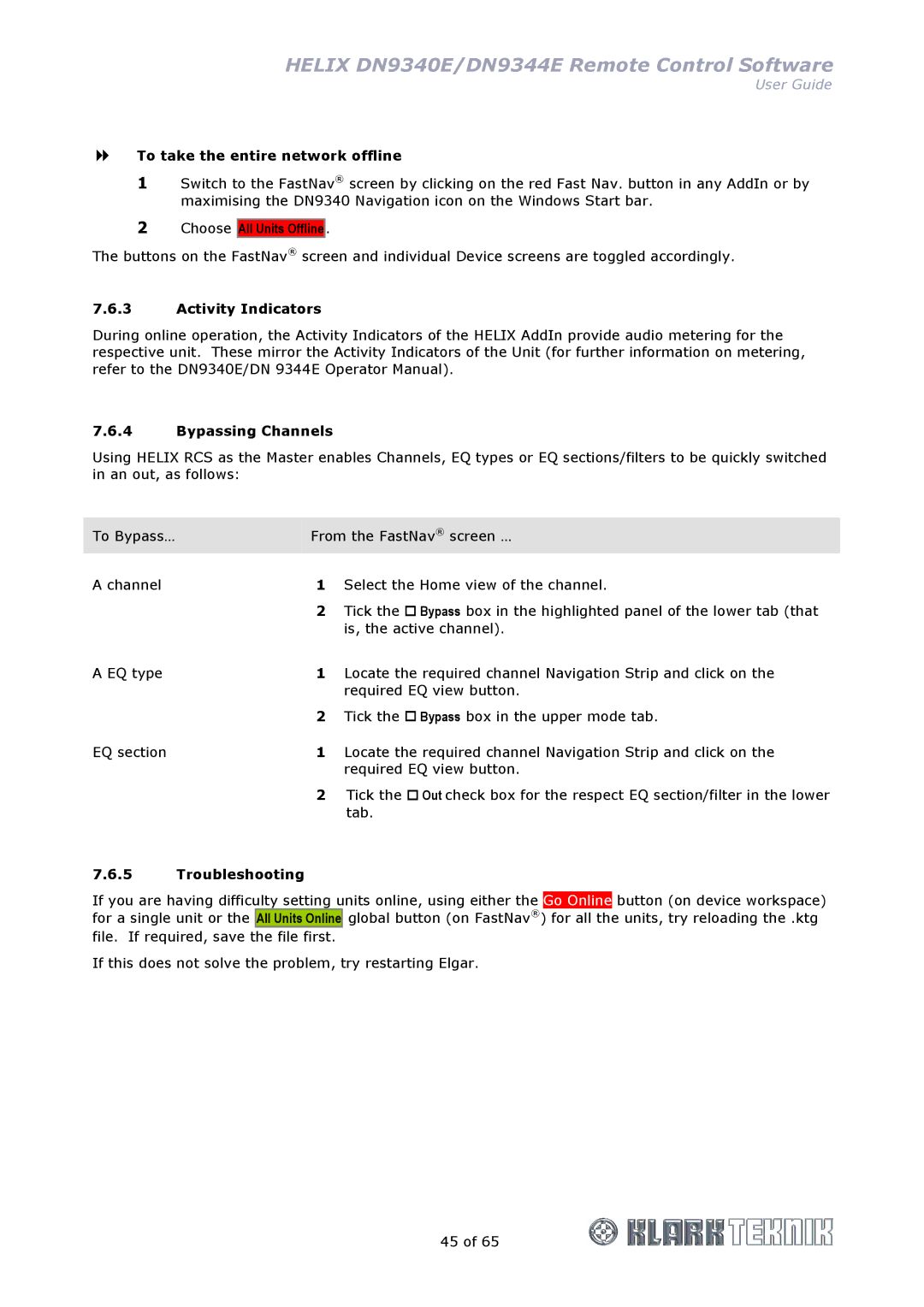 Klark Teknik DN9344E manual To take the entire network offline, All Units Offline, Activity Indicators, Bypassing Channels 