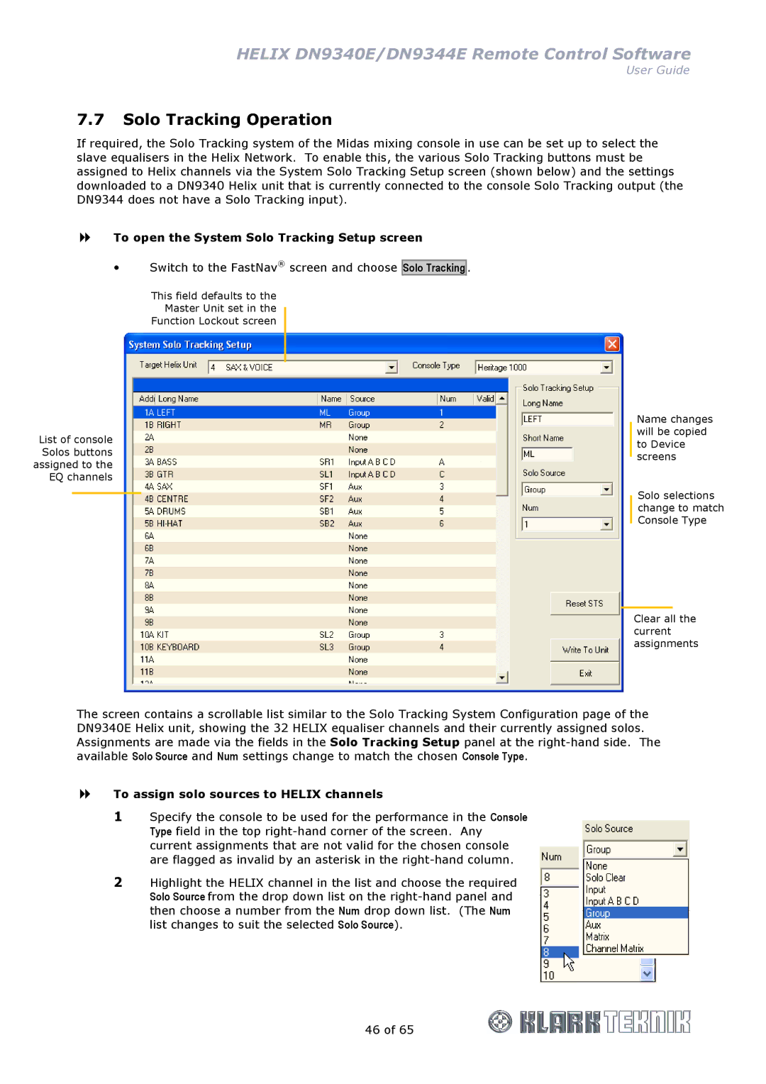 Klark Teknik DN9340E, DN9344E manual Solo Tracking Operation, To open the System Solo Tracking Setup screen 