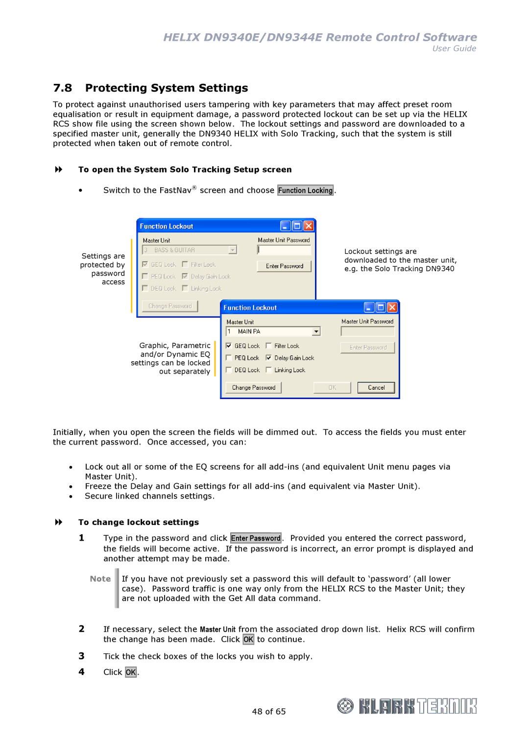 Klark Teknik DN9340E, DN9344E manual Protecting System Settings, Function Locking, To change lockout settings 