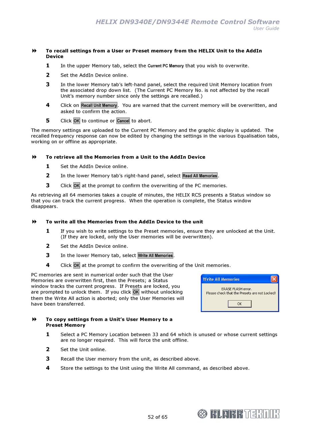 Klark Teknik DN9340E, DN9344E manual To retrieve all the Memories from a Unit to the AddIn Device 