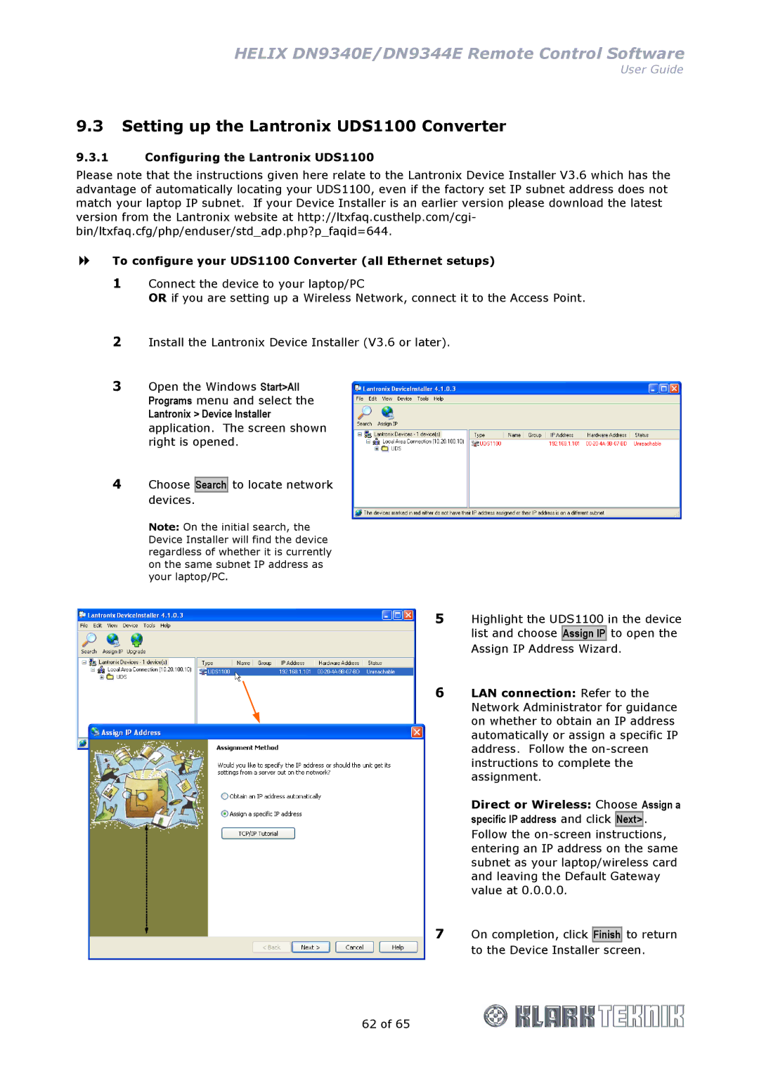 Klark Teknik DN9340E, DN9344E manual Setting up the Lantronix UDS1100 Converter 
