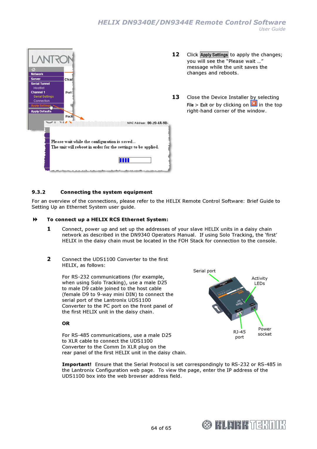 Klark Teknik DN9340E, DN9344E Apply Settings, Connecting the system equipment, To connect up a Helix RCS Ethernet System 