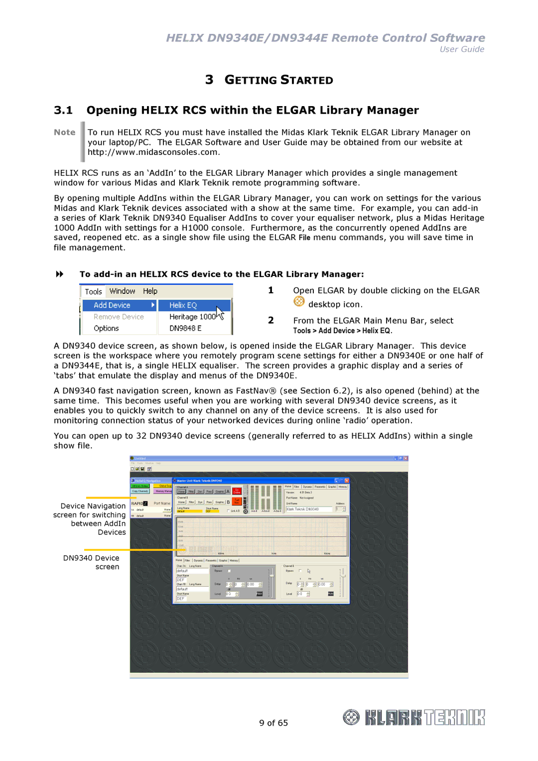 Klark Teknik DN9344E, DN9340E manual Opening Helix RCS within the Elgar Library Manager 