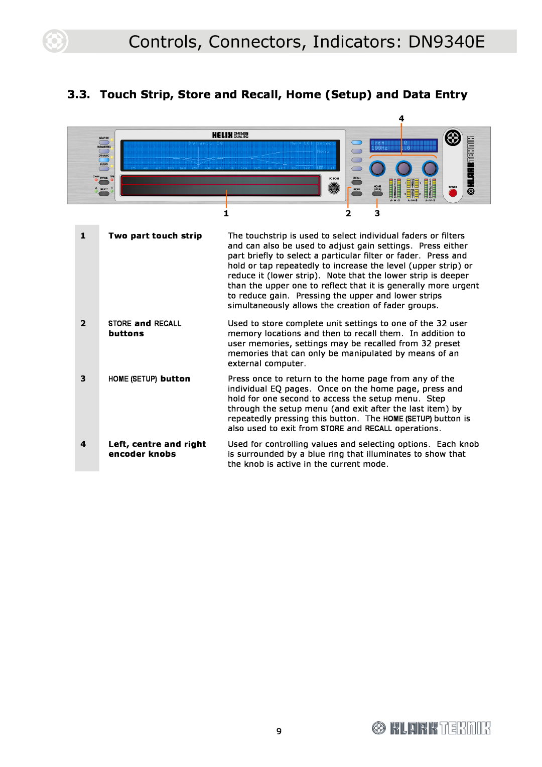 Klark Teknik DN9344E specifications Controls, Connectors, Indicators DN9340E, STORE and RECALL, buttons, HOME SETUP button 