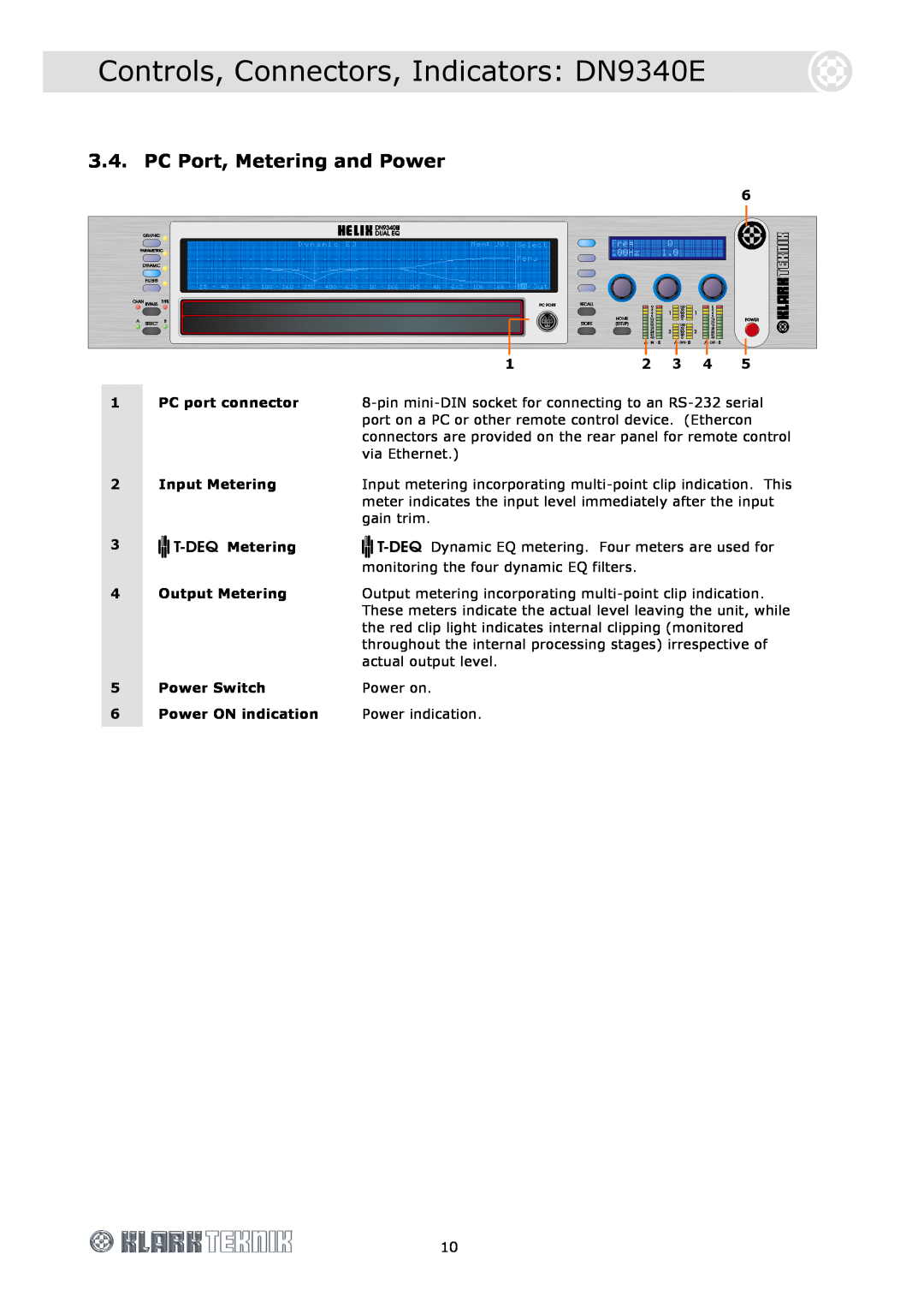 Klark Teknik DN9344E specifications PC Port, Metering and Power, Controls, Connectors, Indicators DN9340E 
