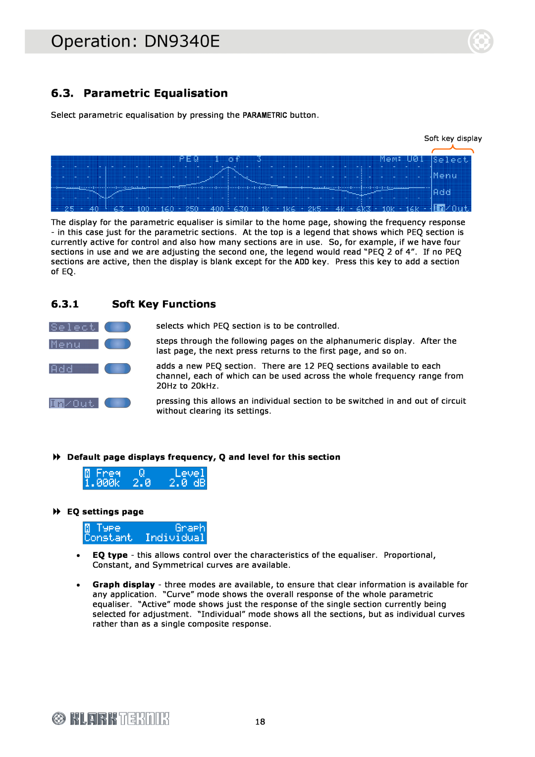 Klark Teknik DN9344E specifications Parametric Equalisation, Operation DN9340E, 6.3.1Soft Key Functions 