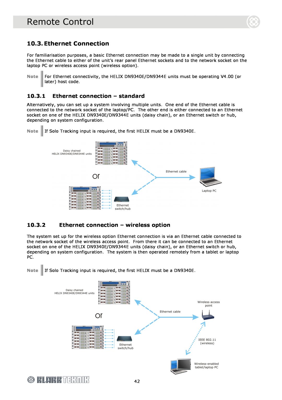 Klark Teknik DN9340E, DN9344E specifications Ethernet Connection, Remote Control, 10.3.1Ethernet connection - standard 