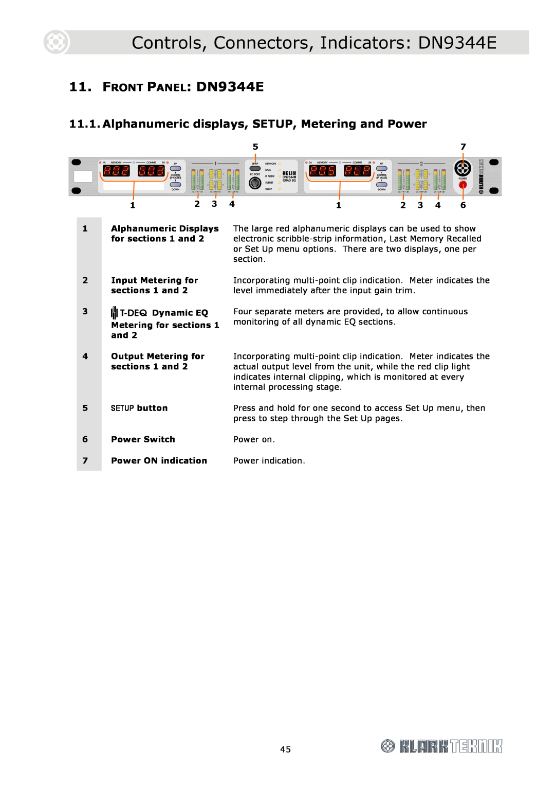 Klark Teknik DN9340E specifications Controls, Connectors, Indicators DN9344E, FRONT PANEL DN9344E, SETUP button 