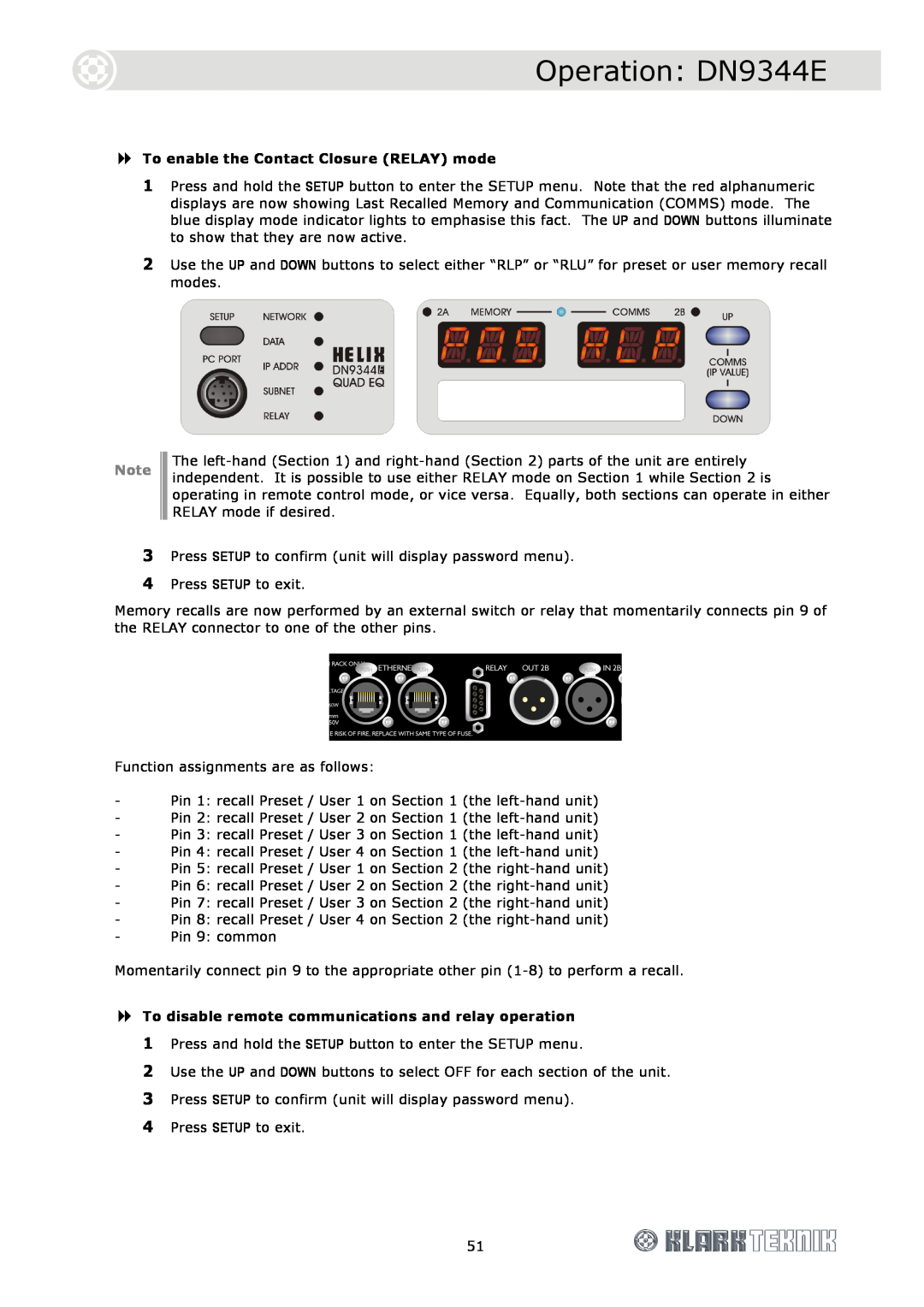 Klark Teknik DN9340E specifications Operation DN9344E, To enable the Contact Closure RELAY mode 