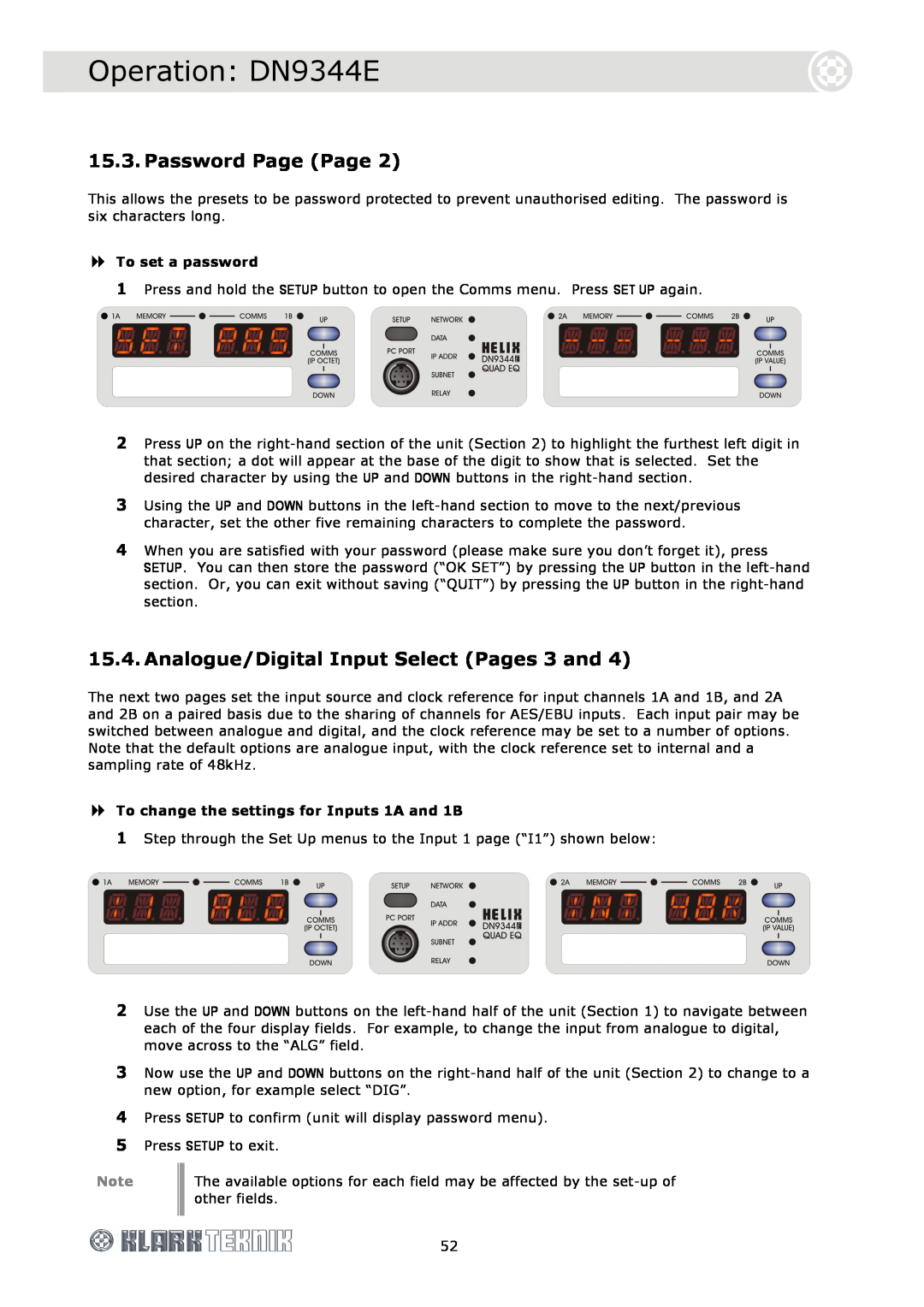 Klark Teknik DN9340E Password Page Page, Analogue/Digital Input Select Pages 3 and, Operation DN9344E, To set a password 