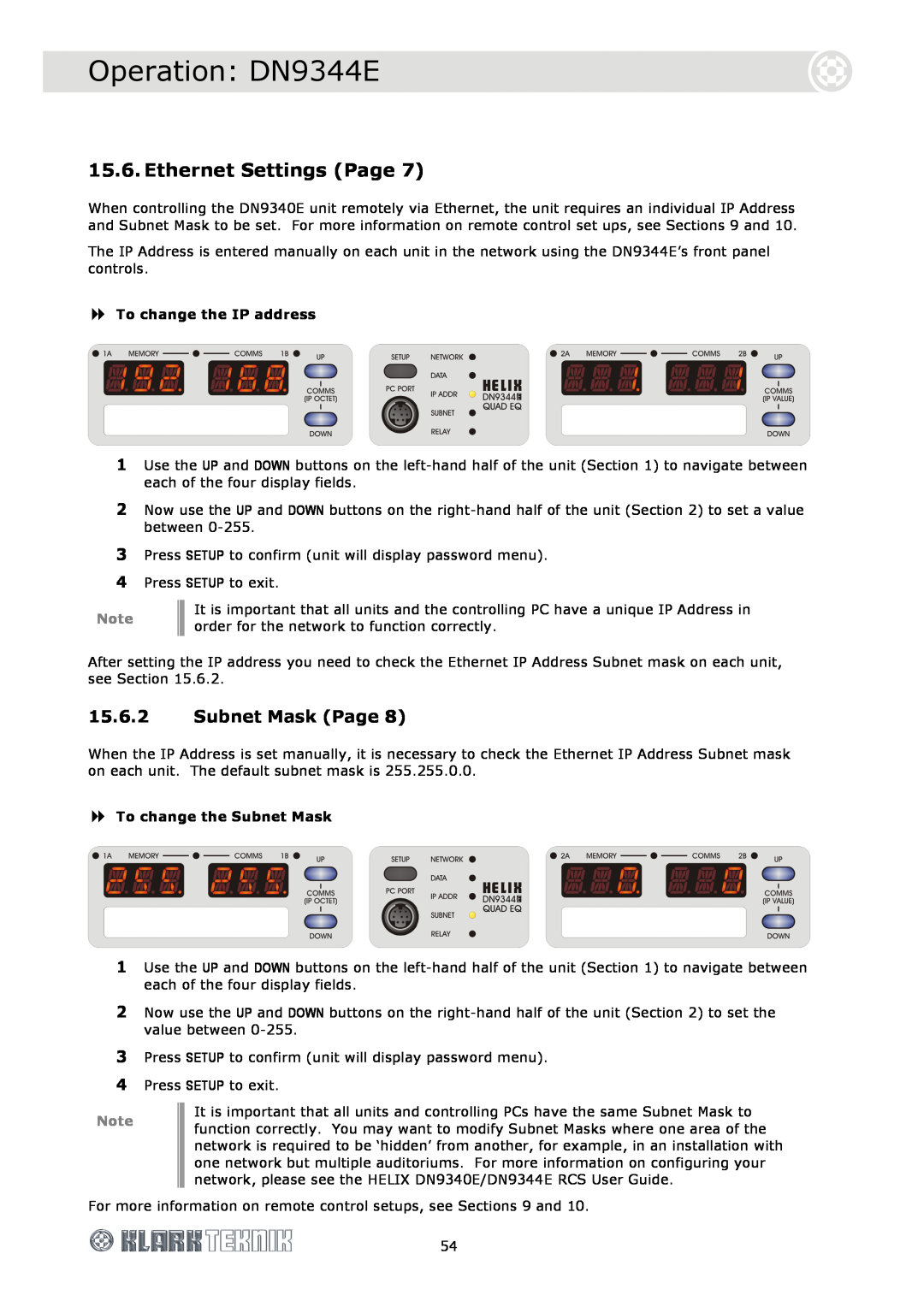 Klark Teknik DN9340E specifications Ethernet Settings Page, Operation DN9344E, 15.6.2Subnet Mask Page 
