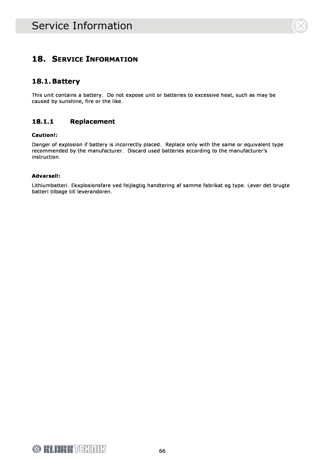 Klark Teknik DN9340E, DN9344E specifications Service Information, Battery 