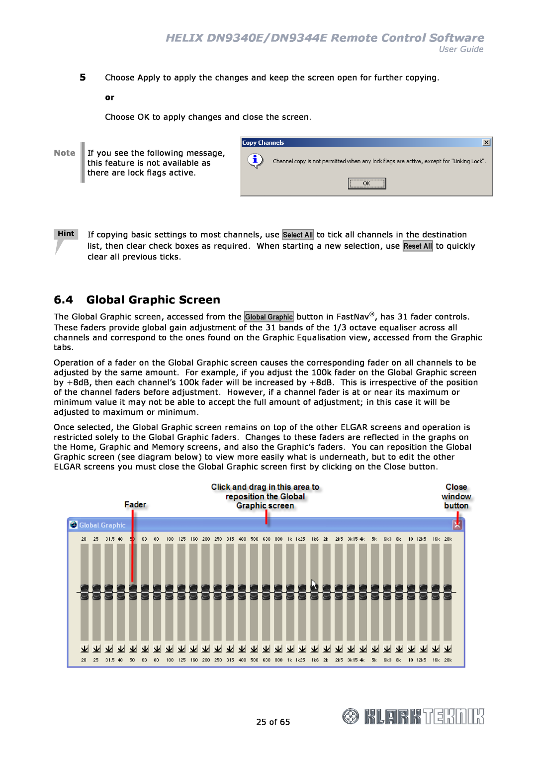 Klark Teknik manual Global Graphic Screen, HELIX DN9340E/DN9344E Remote Control Software, User Guide 