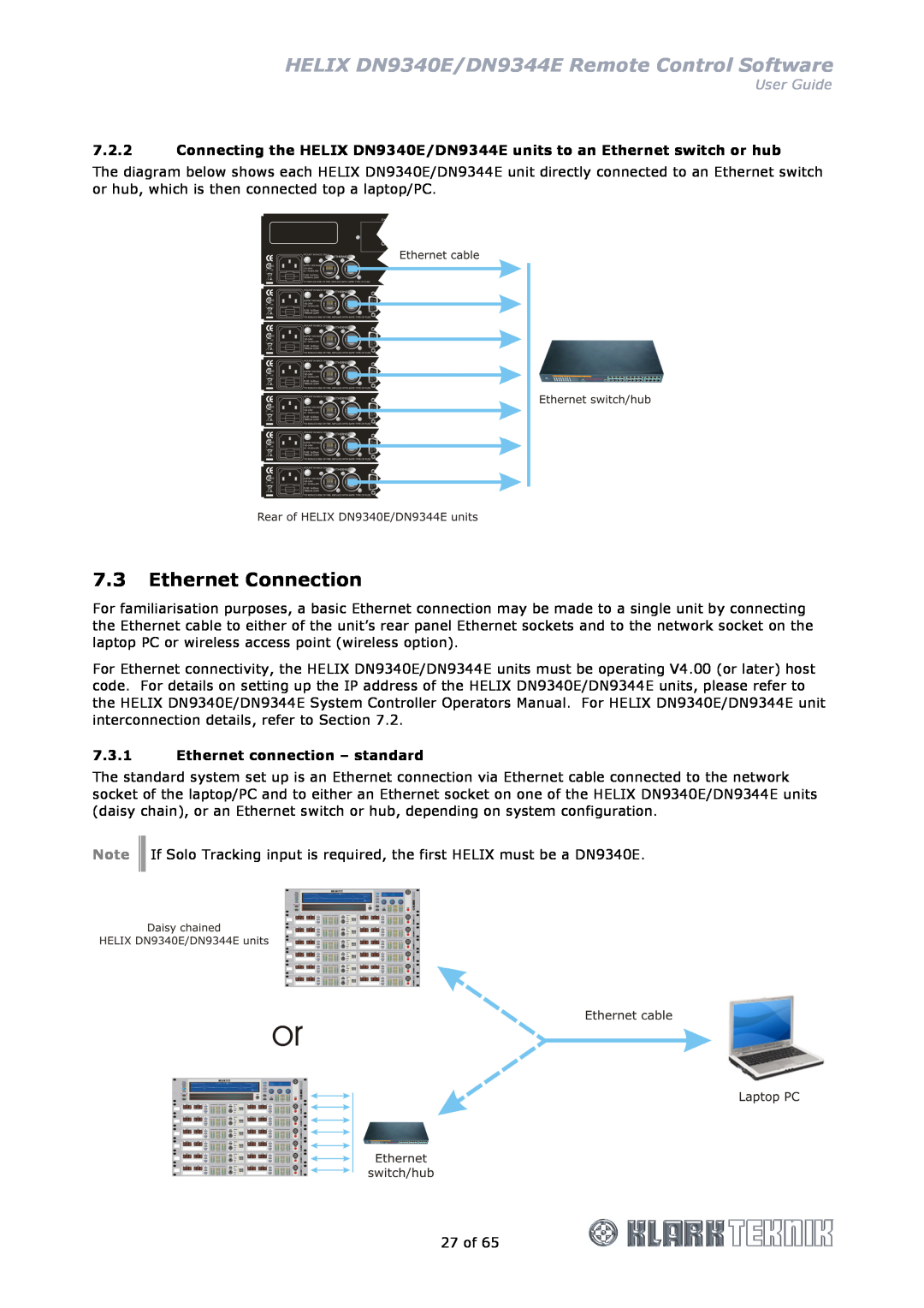 Klark Teknik manual Ethernet Connection, Ethernet connection - standard, HELIX DN9340E/DN9344E Remote Control Software 
