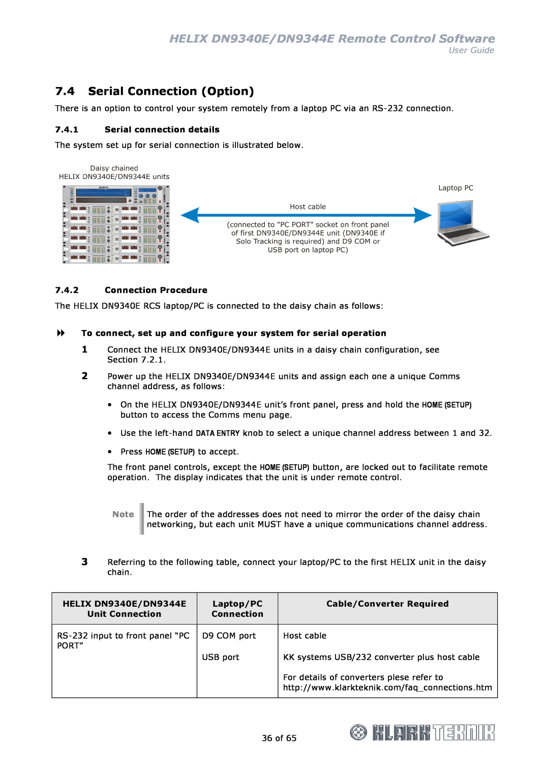 Klark Teknik manual Serial Connection Option, Serial connection details, Connection Procedure, HELIX DN9340E/DN9344E 