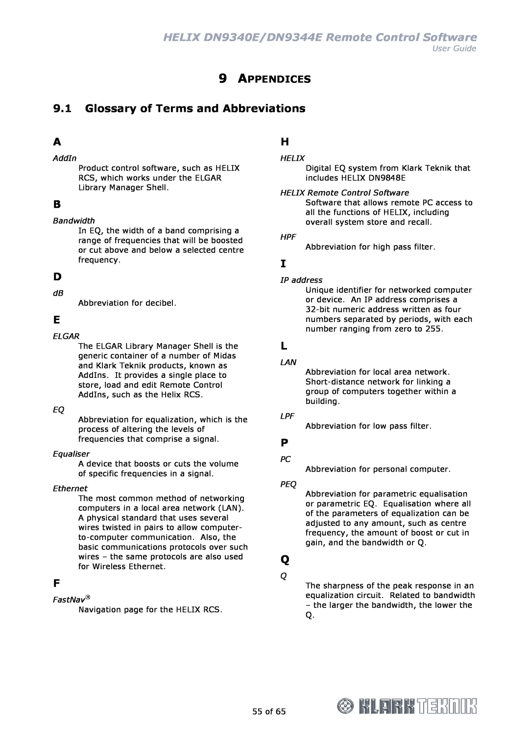 Klark Teknik manual Glossary of Terms and Abbreviations AH, Appendices, HELIX DN9340E/DN9344E Remote Control Software 