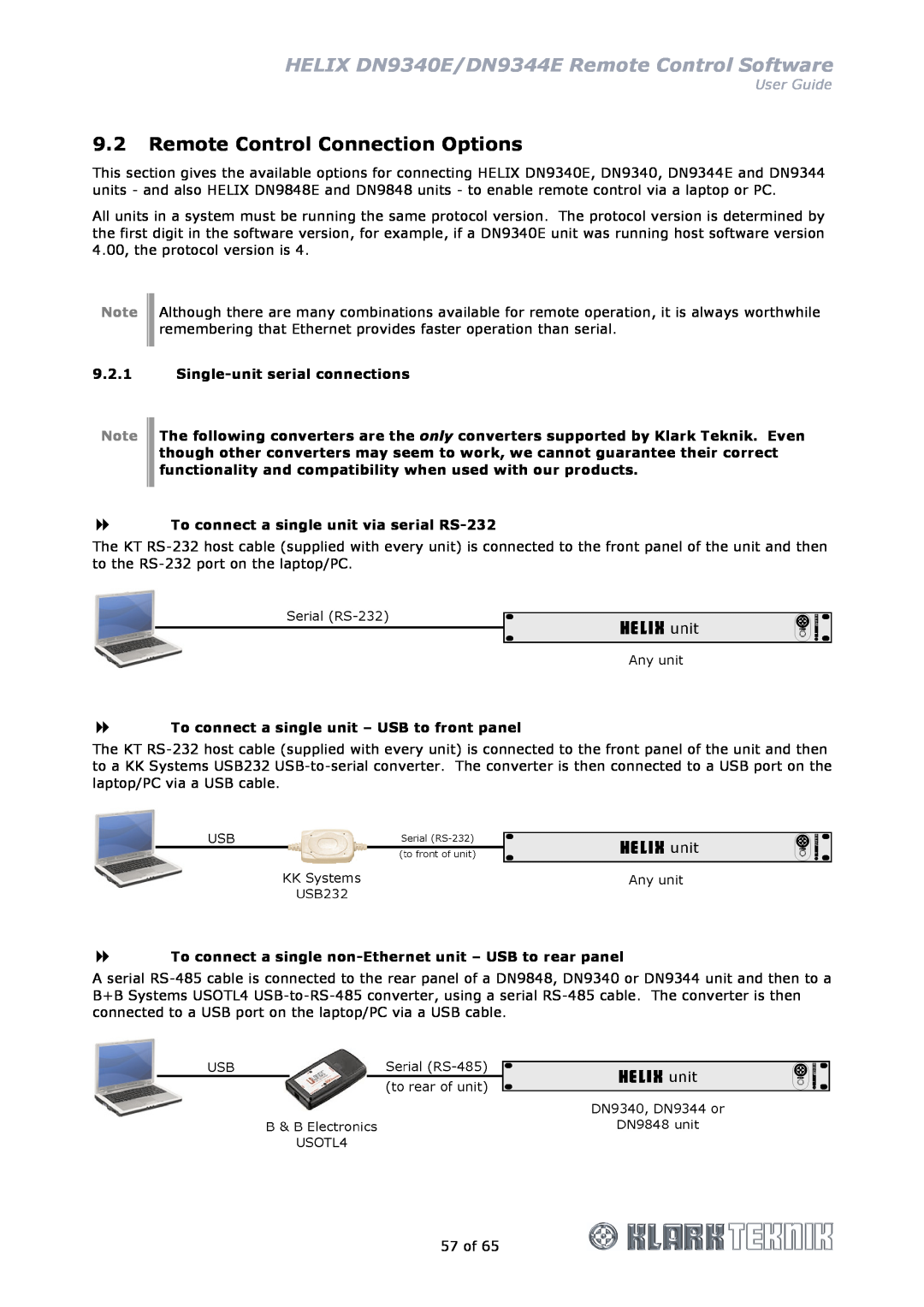 Klark Teknik DN9344E, DN9340E manual Remote Control Connection Options, Single-unit serial connections, User Guide 