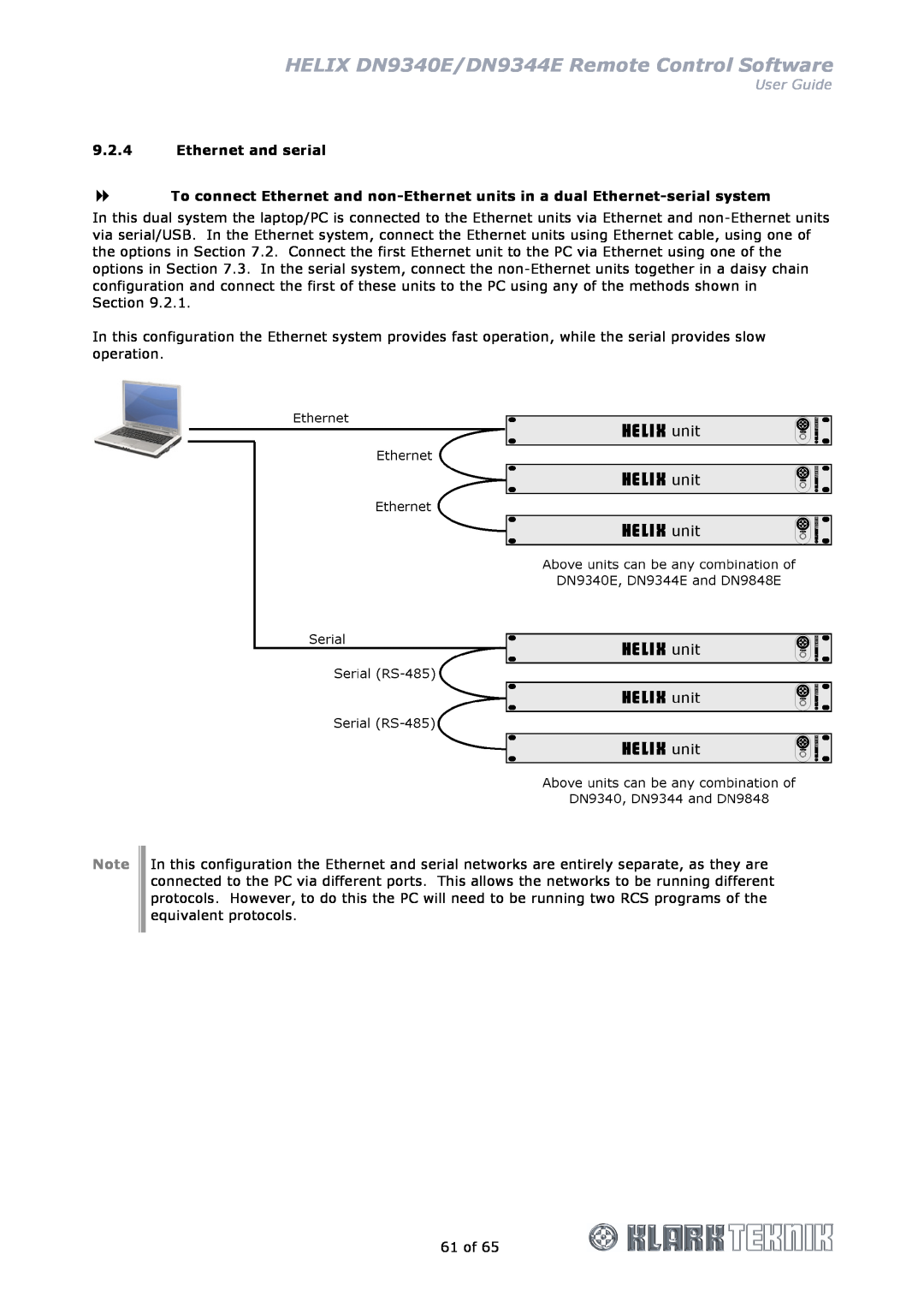 Klark Teknik manual Ethernet and serial, HELIX DN9340E/DN9344E Remote Control Software, User Guide 