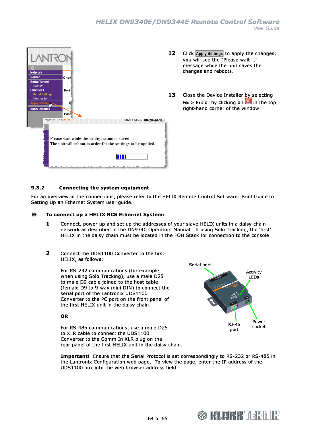 Klark Teknik DN9340E, DN9344E manual Connecting the system equipment, To connect up a HELIX RCS Ethernet System, User Guide 