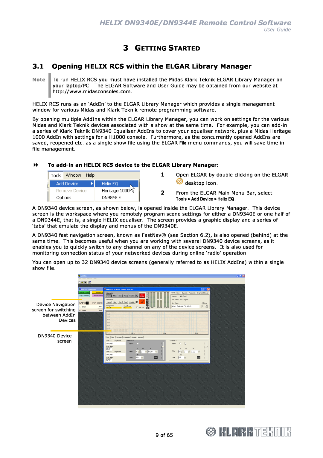 Klark Teknik DN9344E, DN9340E manual Opening HELIX RCS within the ELGAR Library Manager, Getting Started, User Guide 