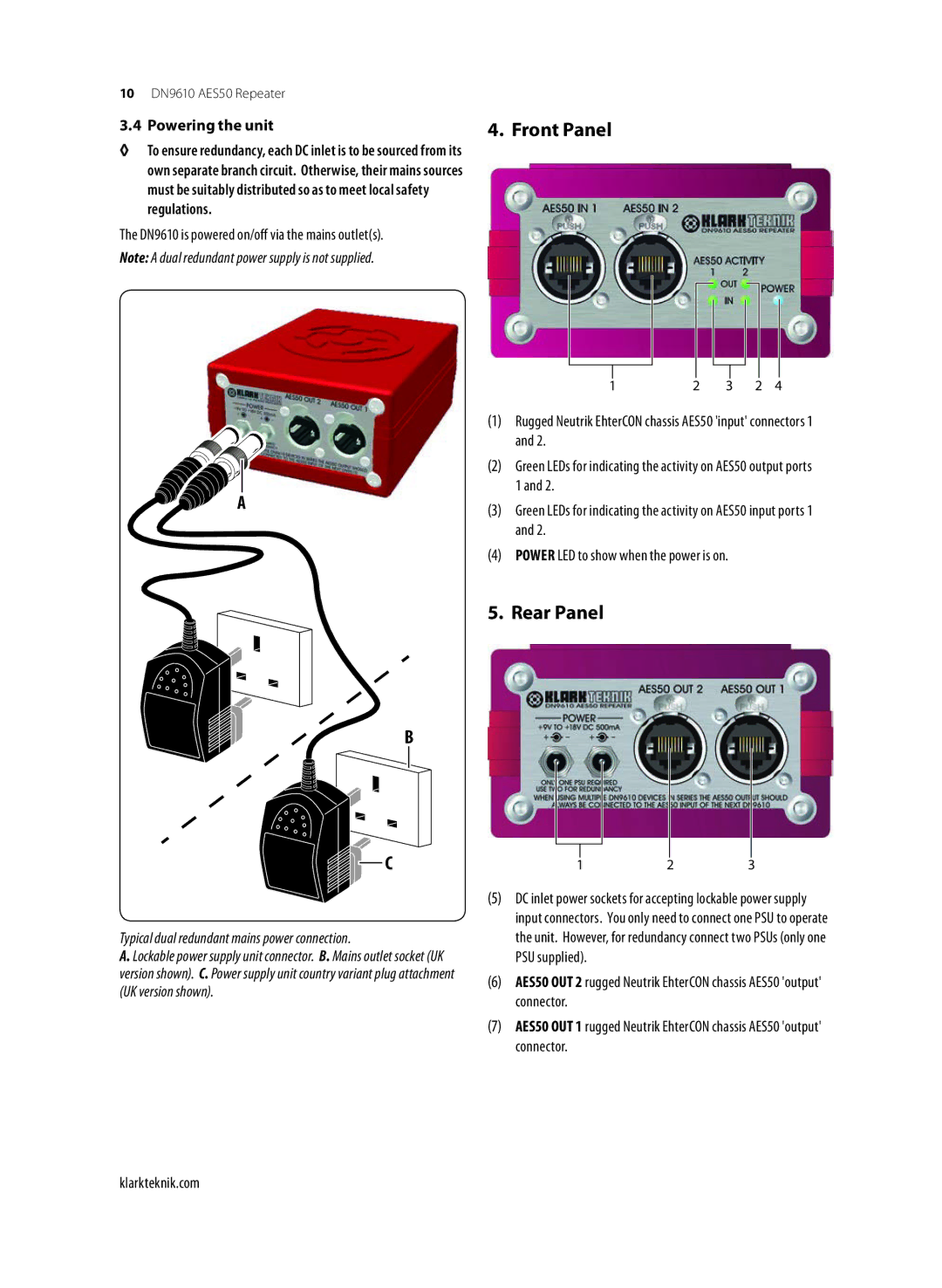 Klark Teknik DN9610 user manual Front Panel, Rear Panel, Powering the unit, Typical dual redundant mains power connection 