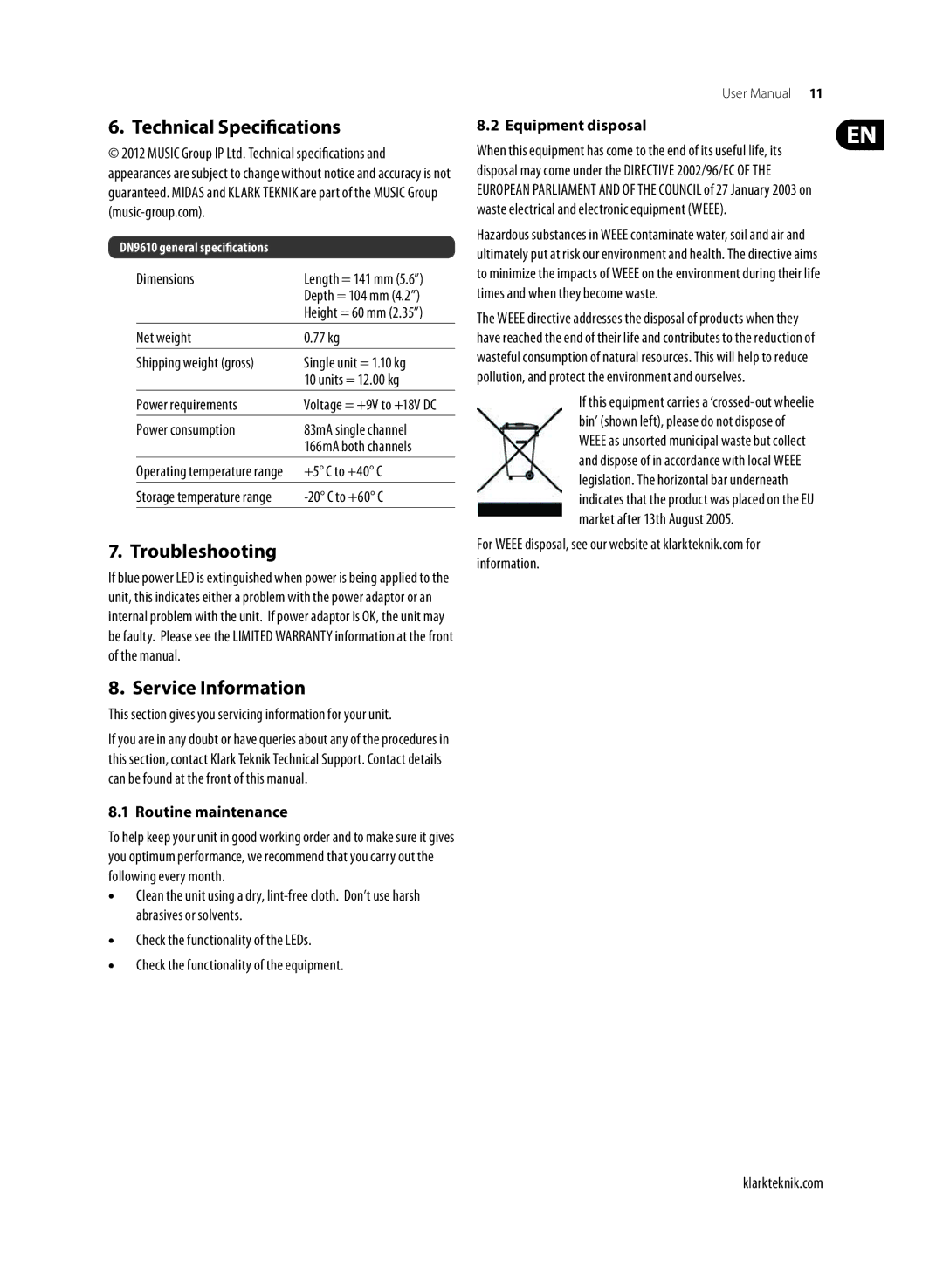 Klark Teknik DN9610 user manual Technical Specifications, Troubleshooting, Service Information, Routine maintenance 