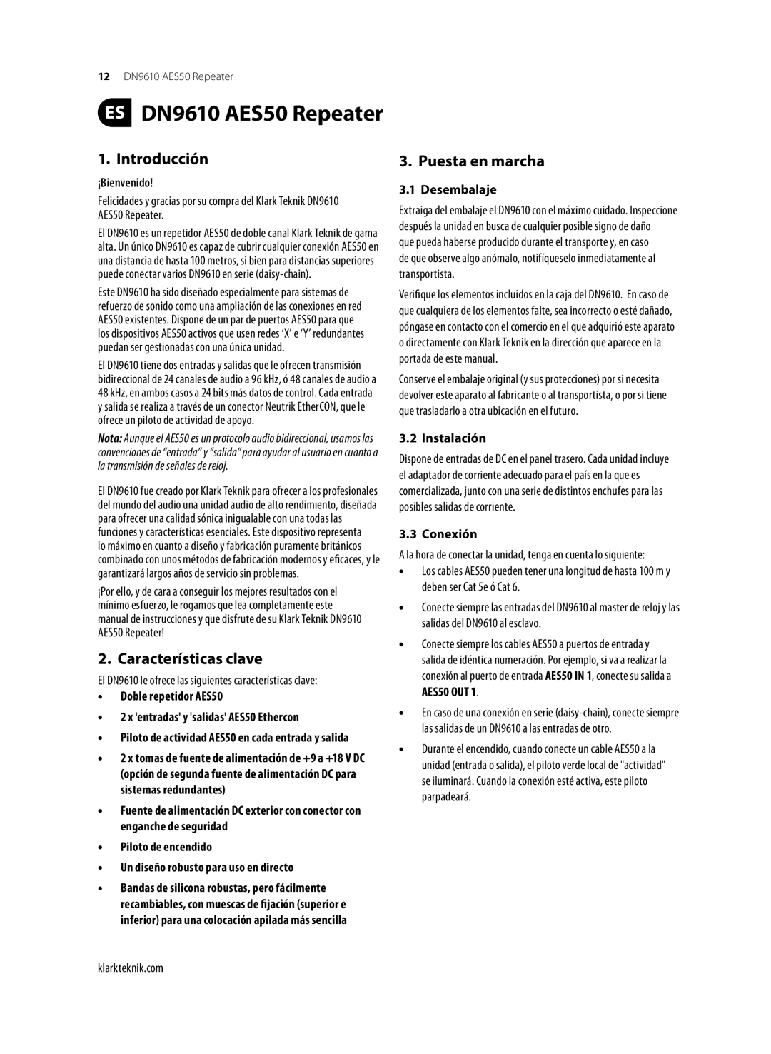 Klark Teknik DN9610 user manual Introducción, Características clave, Puesta en marcha 