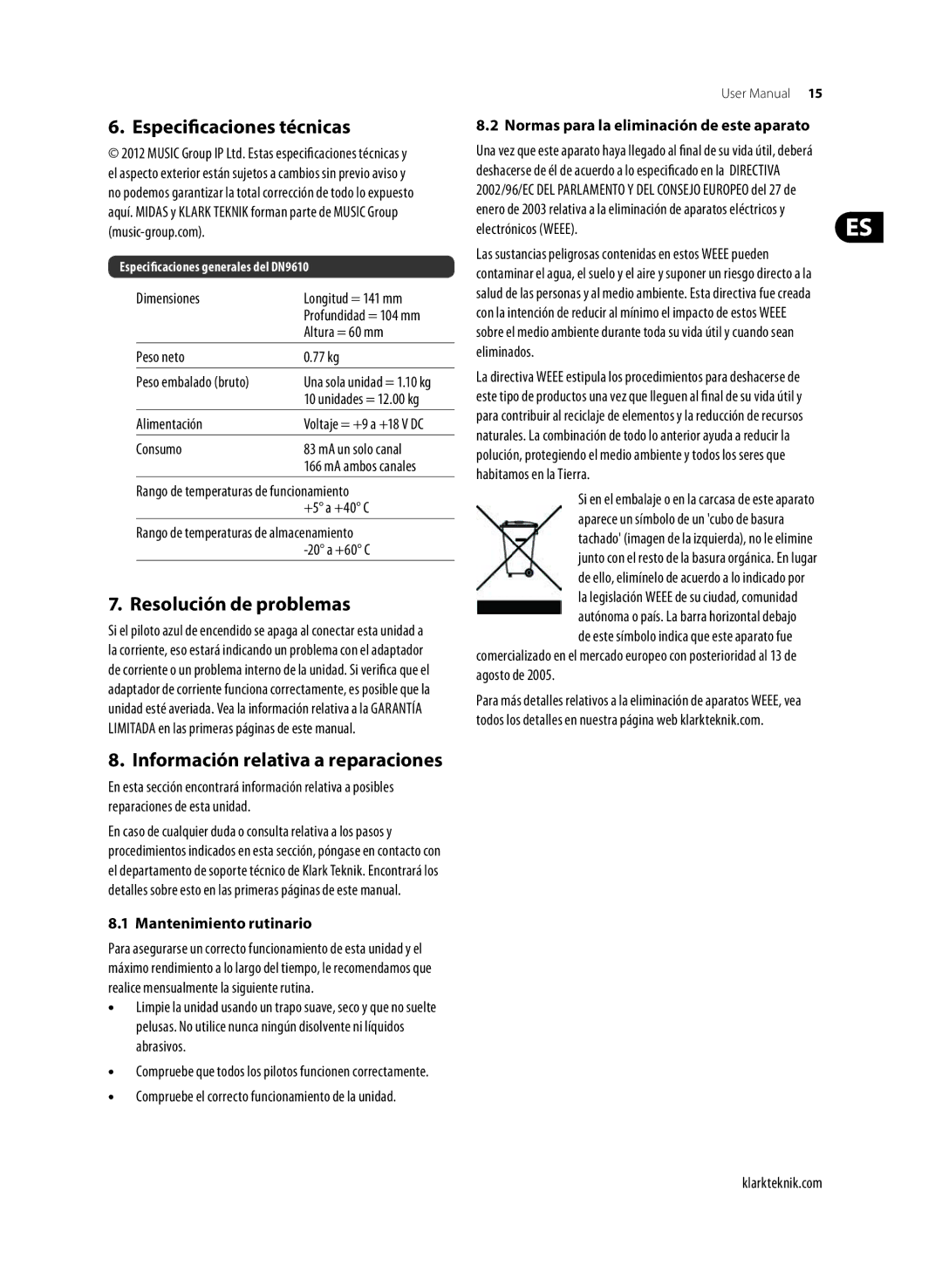 Klark Teknik DN9610 user manual Especificaciones técnicas, Resolución de problemas, Información relativa a reparaciones 