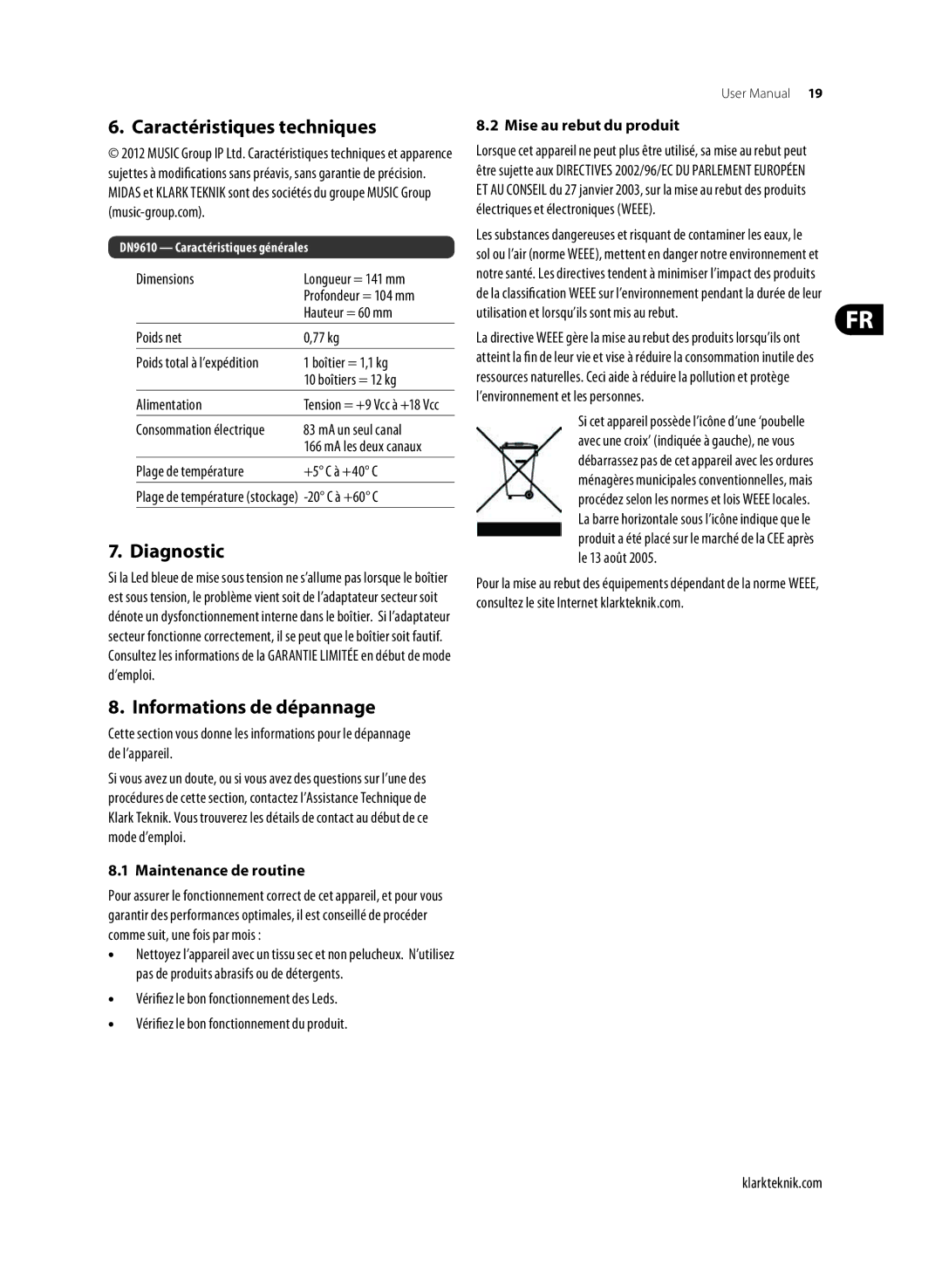 Klark Teknik DN9610 user manual Caractéristiques techniques, Diagnostic, Informations de dépannage, Maintenance de routine 