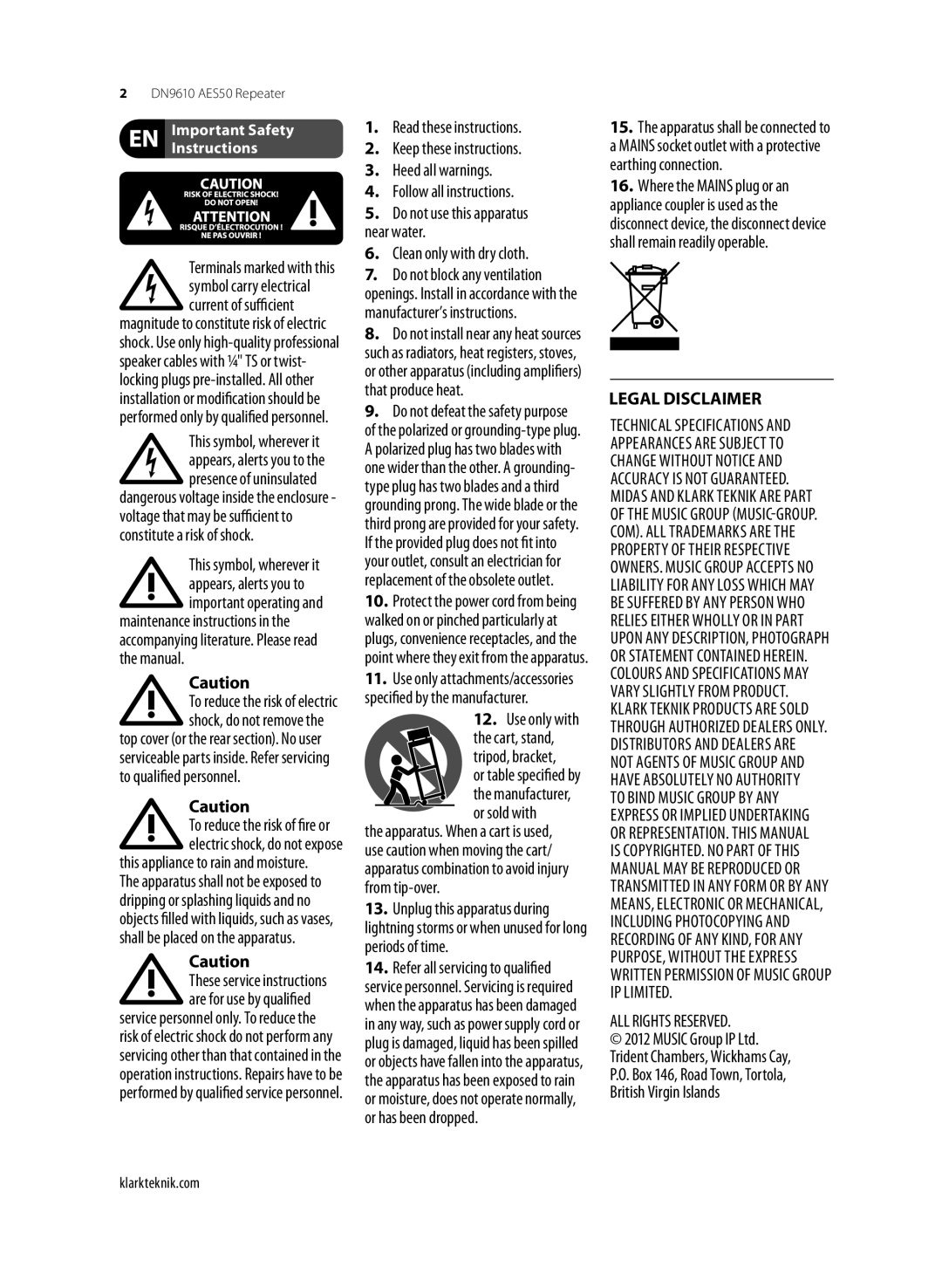 Klark Teknik DN9610 user manual Clean only with dry cloth, Cart, stand Tripod, bracket, Legal Disclaimer 