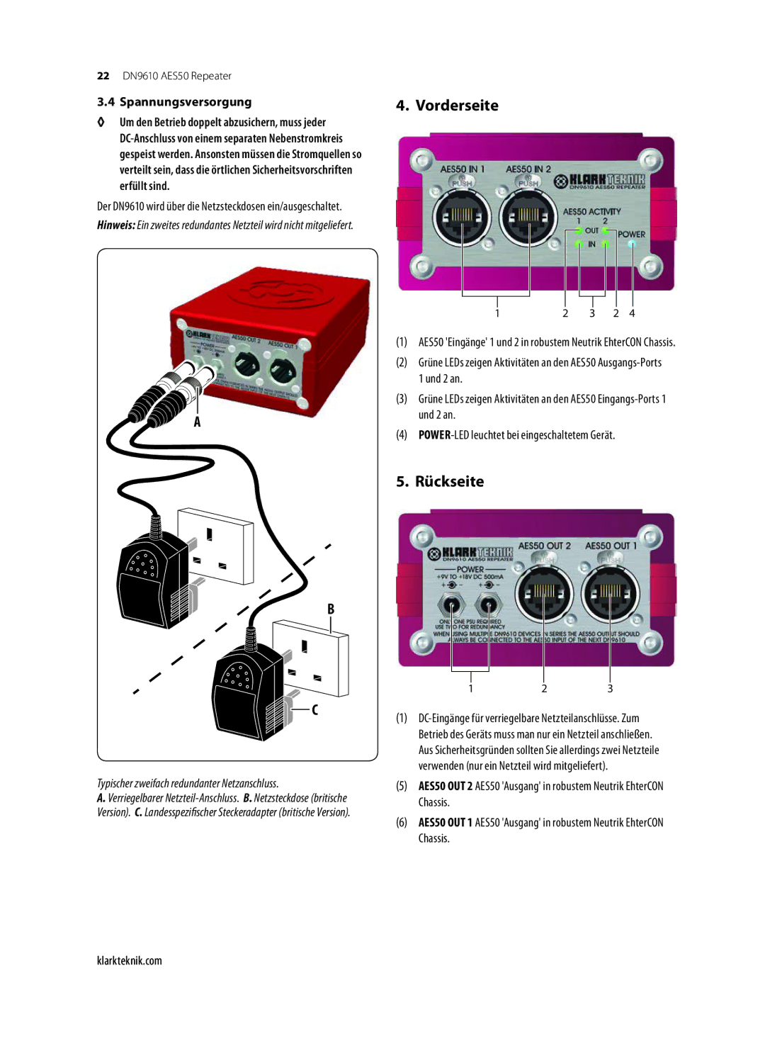 Klark Teknik DN9610 user manual Vorderseite, Rückseite, Spannungsversorgung, Typischer zweifach redundanter Netzanschluss 