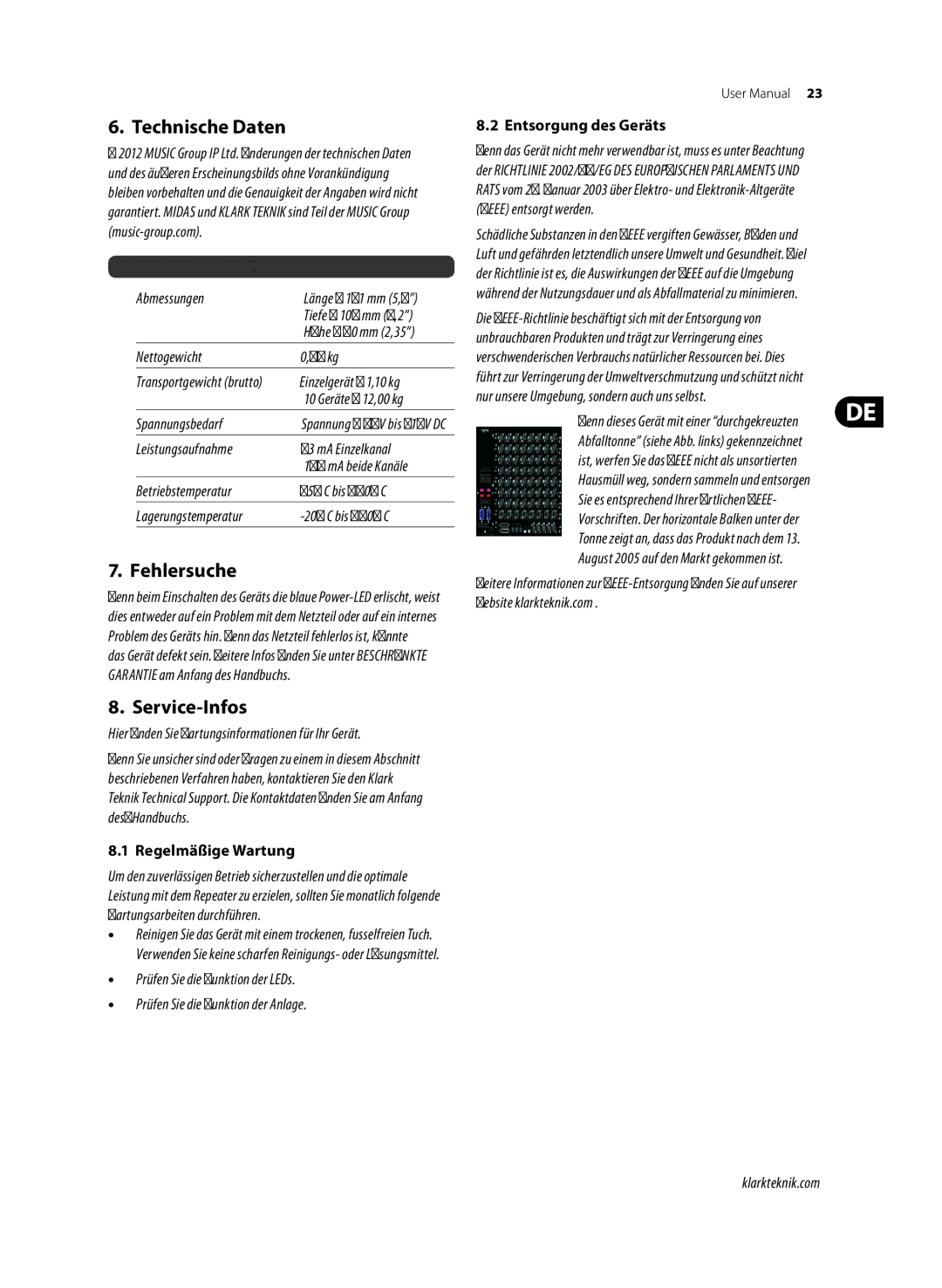 Klark Teknik DN9610 user manual Technische Daten, Fehlersuche, Service-Infos, Regelmäßige Wartung, Entsorgung des Geräts 