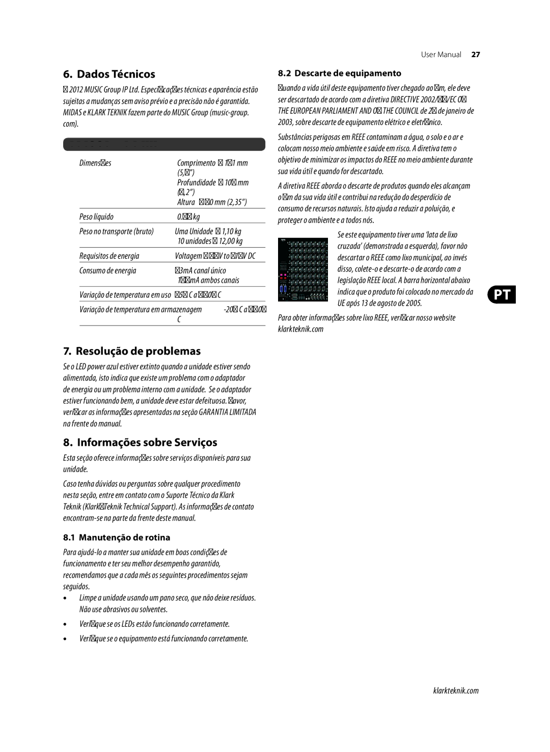 Klark Teknik DN9610 user manual Dados Técnicos, Resolução de problemas, Informações sobre Serviços, Manutenção de rotina 