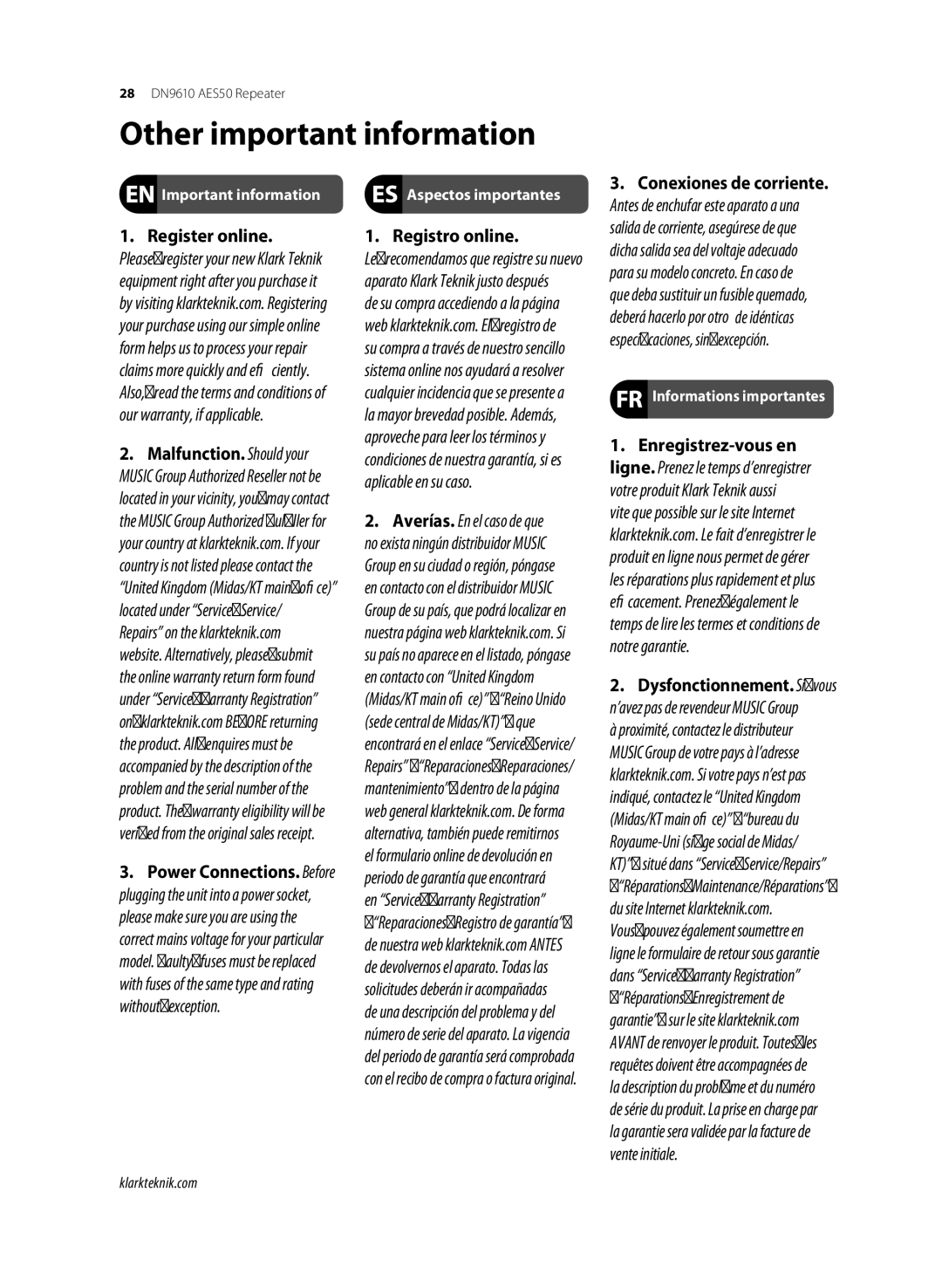 Klark Teknik DN9610 user manual Register online, Registro online, Important information, Informations importantes 