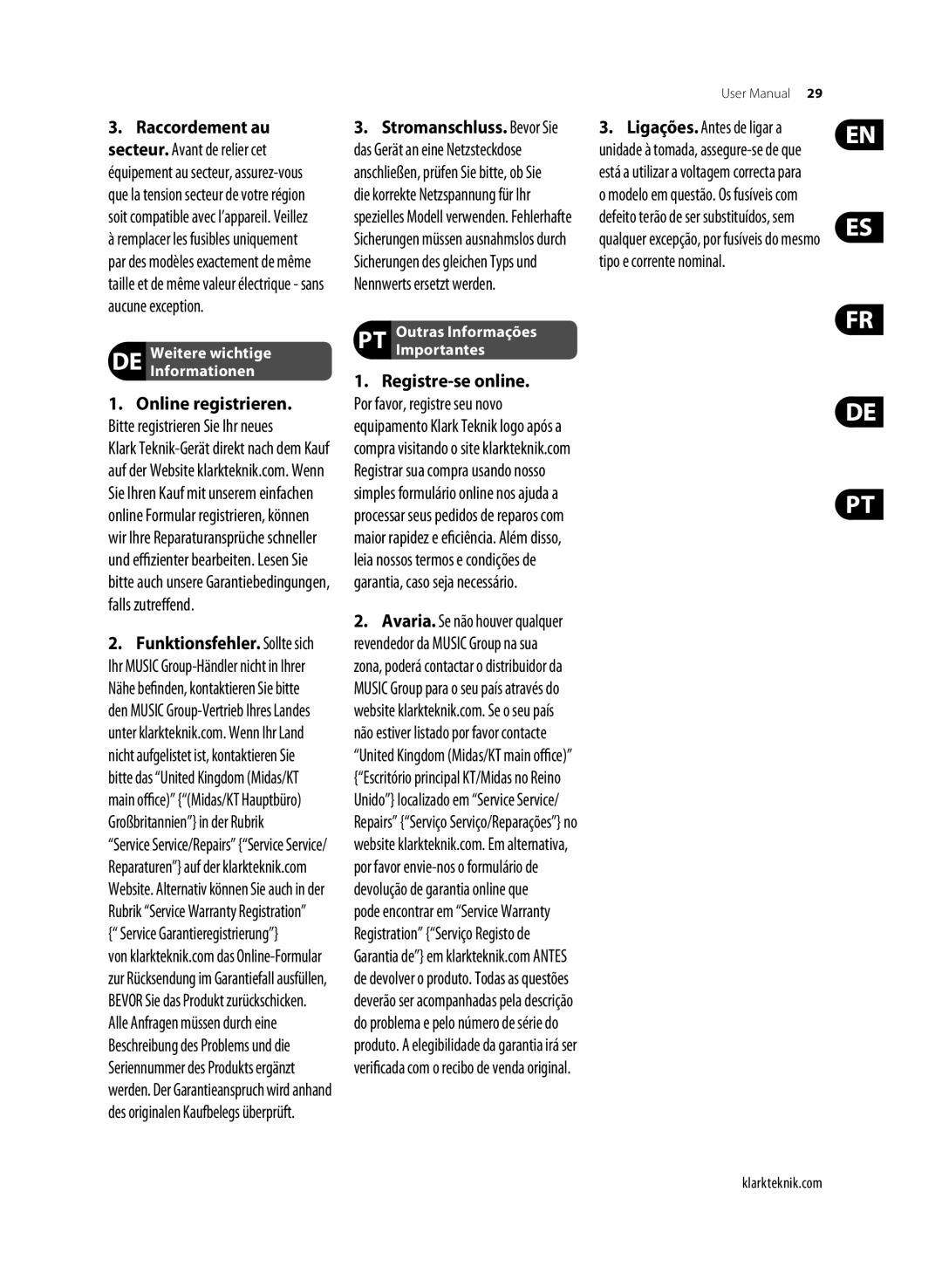 Klark Teknik DN9610 user manual Weitere wichtige Informationen, Outras Informações Importantes 