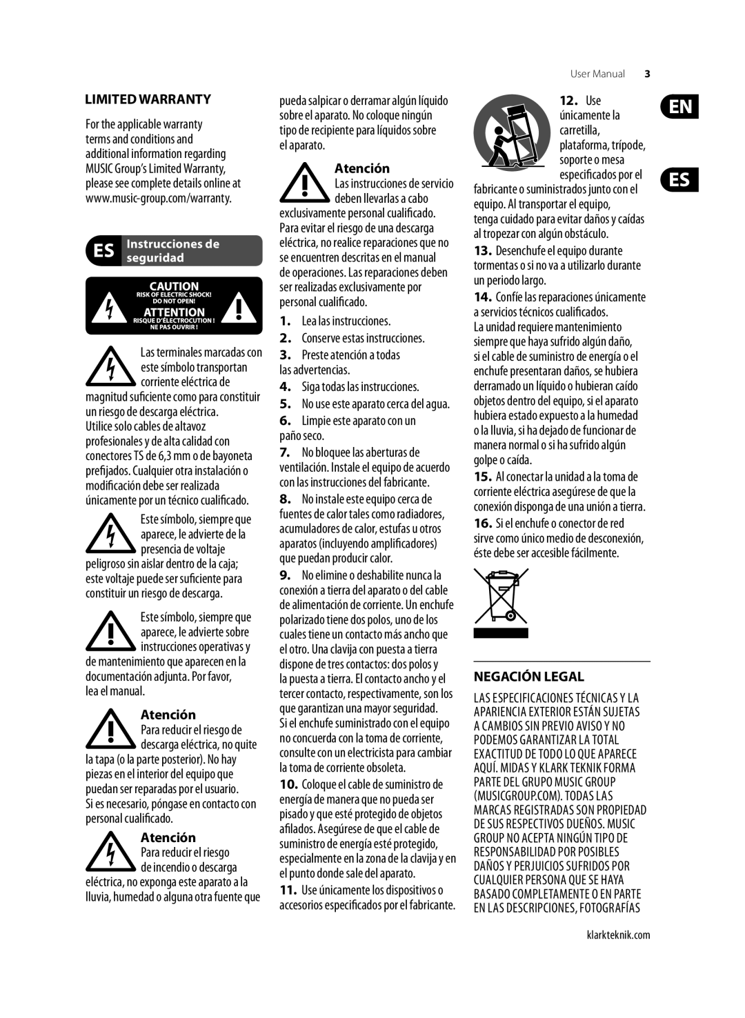 Klark Teknik DN9610 user manual Limited Warranty, Negación Legal 