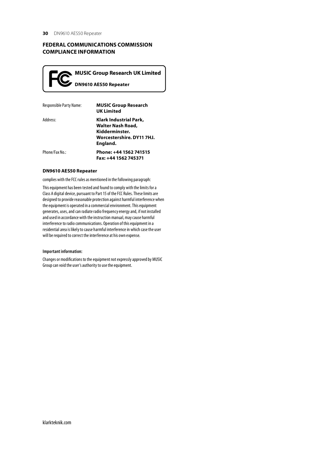 Klark Teknik DN9610 user manual Music Group Research UK Limited, Important information 