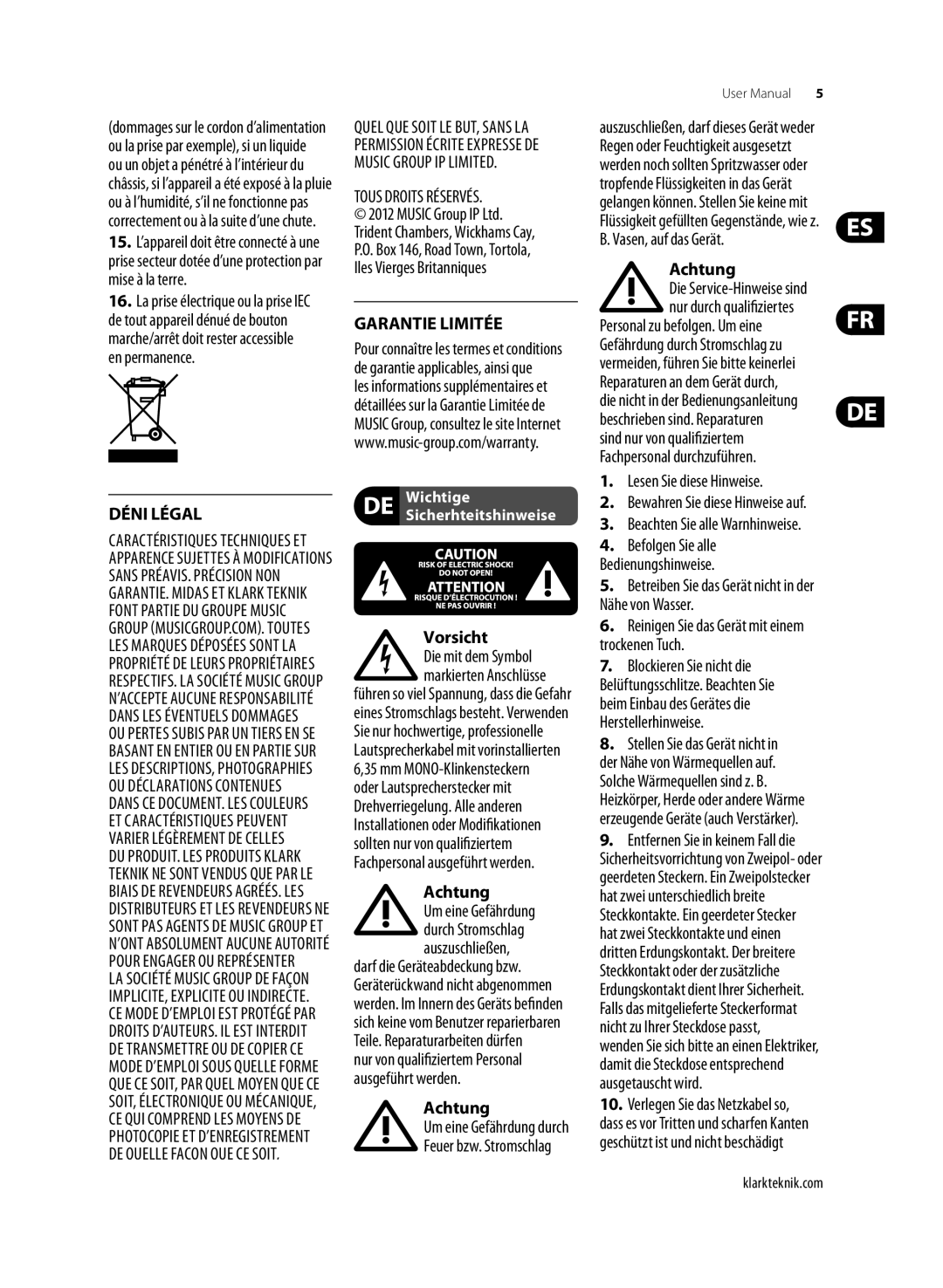 Klark Teknik DN9610 user manual Garantie Limitée, Déni Légal 