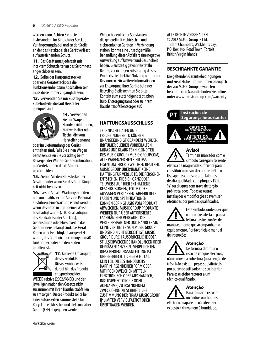 Klark Teknik DN9610 Verwenden Sie nur Wagen, Zu vermeiden, Entsprechend der, Haftungsausschluss, Beschränkte Garantie 