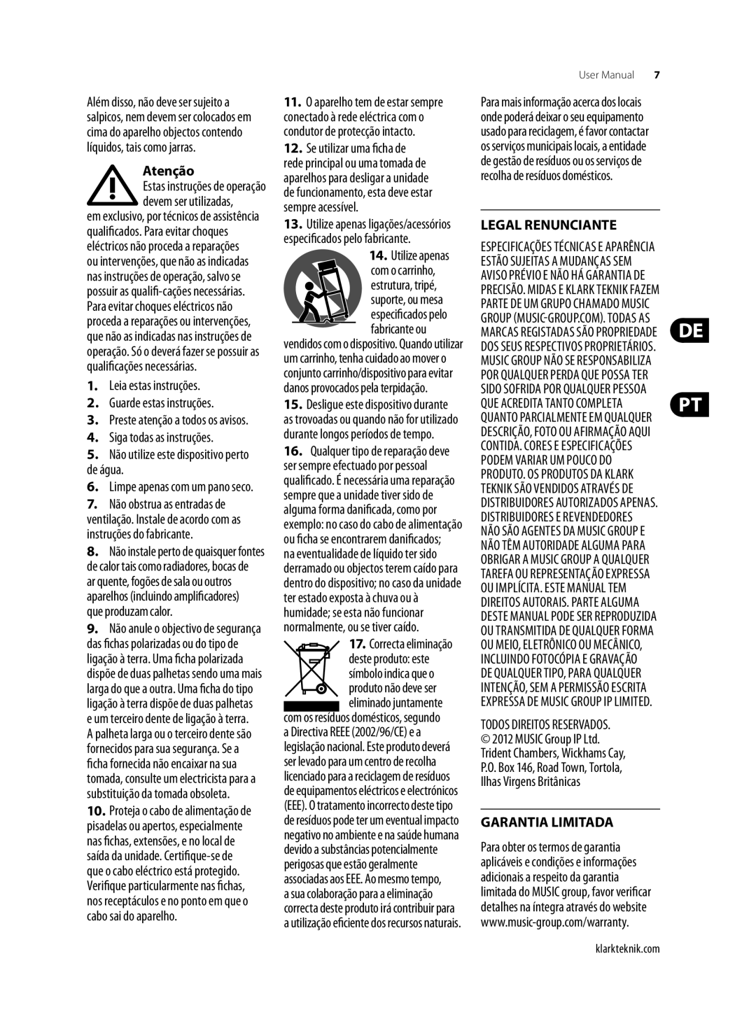 Klark Teknik DN9610 user manual Legal Renunciante, Garantia Limitada 