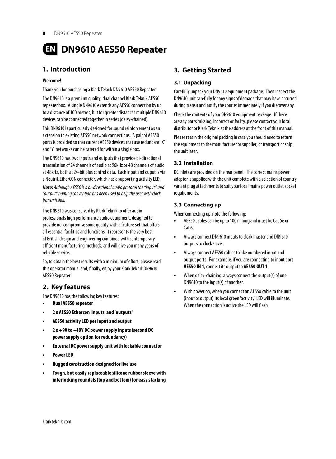 Klark Teknik DN9610 user manual Introduction, Key features, Getting Started 