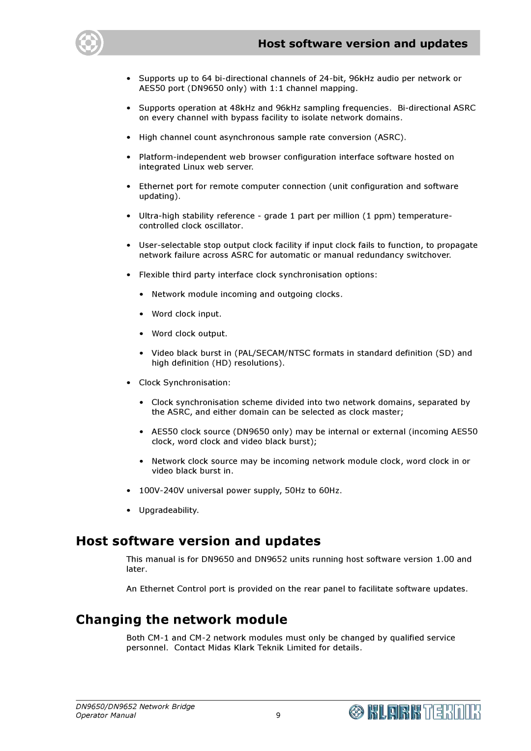 Klark Teknik DN 9650, DN9652 specifications Host software version and updates, Changing the network module 