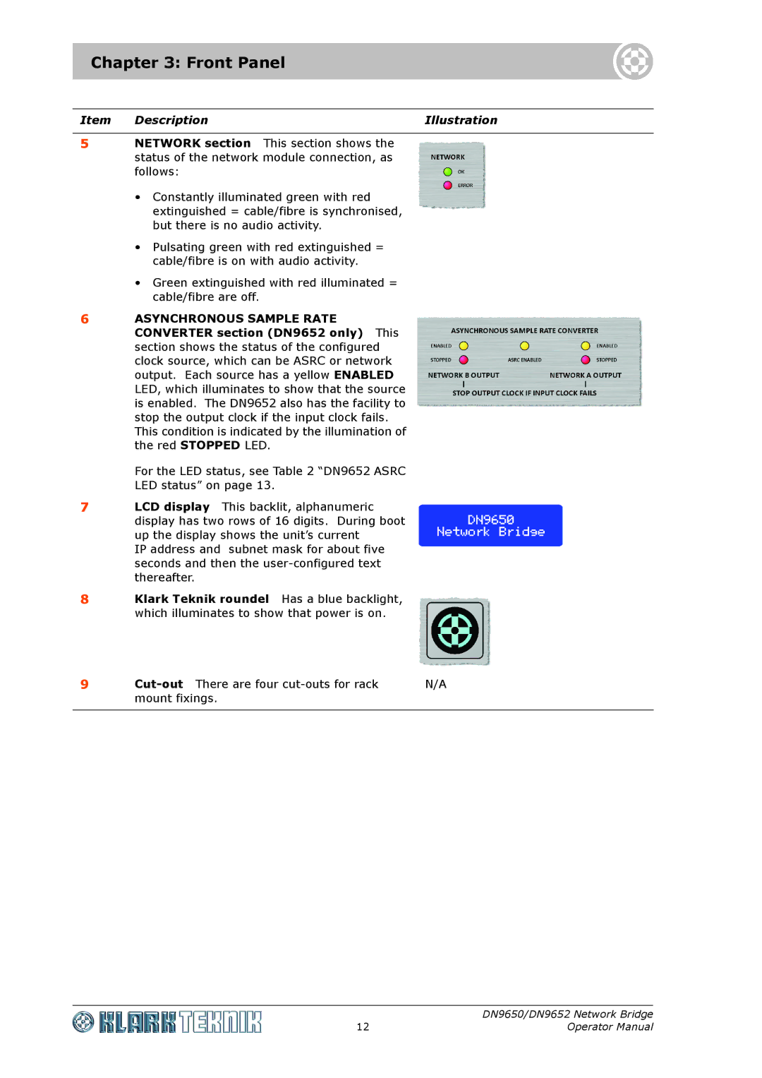 Klark Teknik DN9652, DN 9650 specifications Front Panel, Klark Teknik roundel Has a blue backlight 