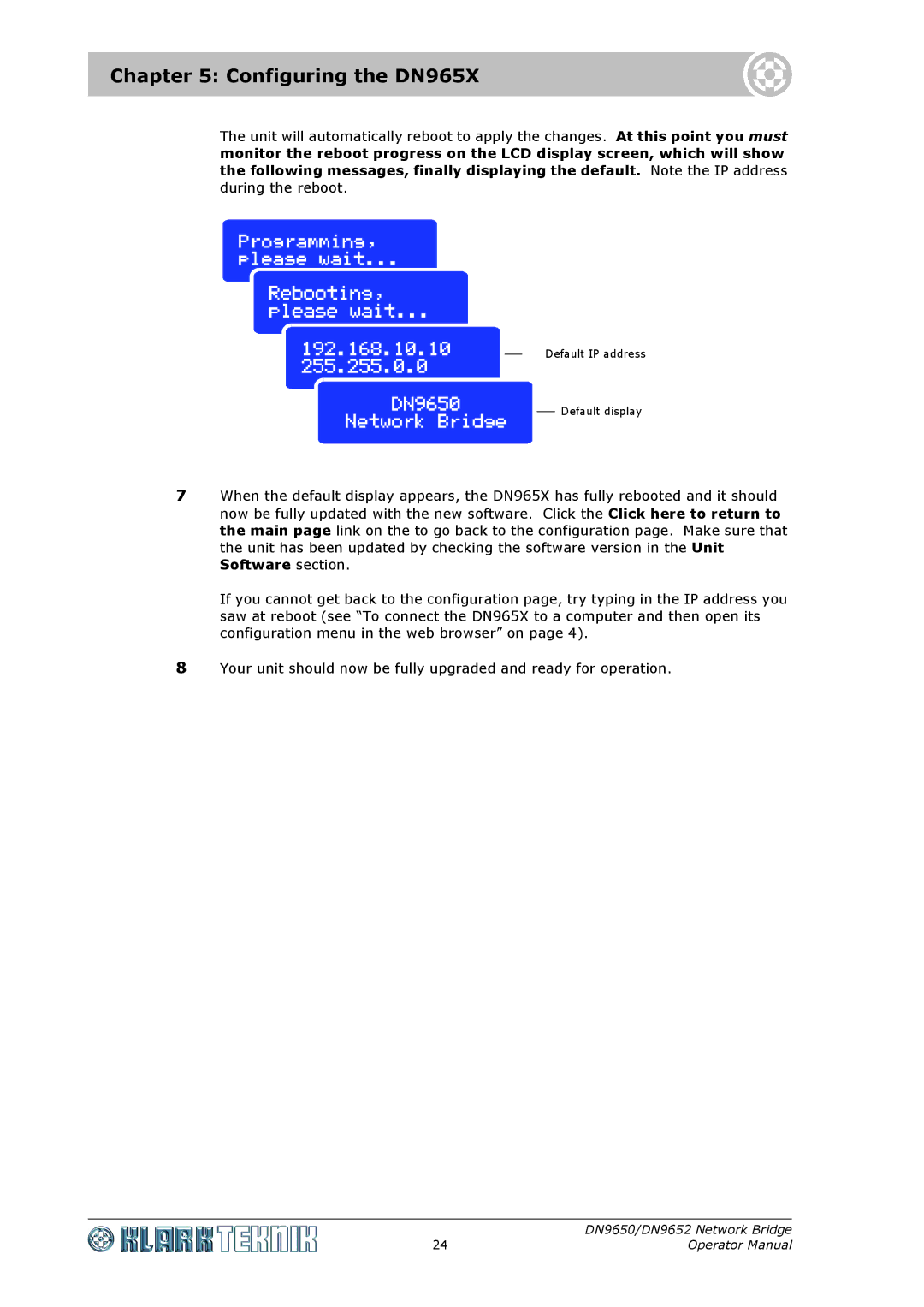 Klark Teknik DN9652, DN 9650 specifications Default IP address Default display 