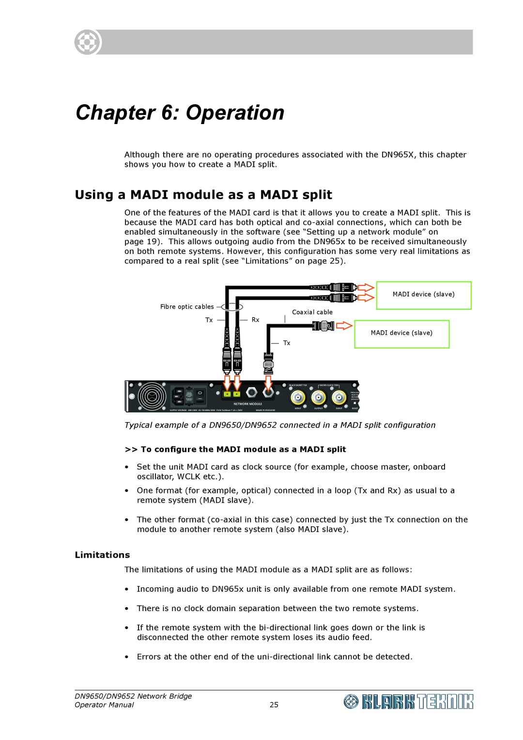 Klark Teknik DN 9650, DN9652 Operation, Using a Madi module as a Madi split, To configure the Madi module as a Madi split 